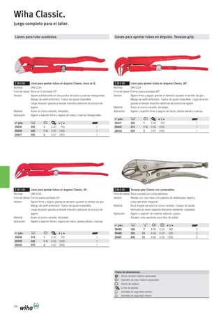 300
Llaves para tubo acodadas.
Z 26 0 00 Llave para apretar tubos en ángulos Classic, boca en S.
Normas: DIN 5234.
Forma del cabezal:
agarre.
n° pdo.
29435 320 1 0-40 750 1
29436 420 1 ½ 0-55 1350 1
29437 535 2 0-67 2450 1
Z 26 1 00 Llave para apretar tubos en ángulos Classic, 45°.
Normas: DIN 5234.
Forma del cabezal: Forma sueca acodada 45º.
agarre.
n° pdo.
29438 315 1 0-40 750 1
29439 420 1 ½ 0-55 1240 1
29440 570 2 0-67 2500 1
Llaves para apretar tubos en ángulos. Tenazas grip.
Z 26 2 00 Llave para apretar tubos en ángulos Classic, 90°.
Normas: DIN 5234.
Forma del cabezal: Forma sueca acodada 90º.
gracias al temple inductivo adicional de la boca de agarre.
n° pdo.
29441 320 1 0-40 750 1
29442 415 1 ½ 0-55 1250 1
29443 555 2 0-67 2450 1
Z 66 0 00 Tenazas grip Classic con cortacables.
Forma del cabezal: Boca curvada con corta-alambres.
corta-alambres integrado.
Alicates corta-alambres para hilos de soldar.
n° pdo.
29485 180 7 8-30 0-20 360 5
29486 250 10 8-40 0-20 530 5
29487 300 12 8-65 0-30 1000 5
Wiha Classic.
Juego completo para el taller.
Datos de dimensiones.
Ancho de llave máximo alcanzable
Diámetro de tubo máximo alcanzable
Ancho de cabeza
Arandela de seguridad exterior
Arandela de seguridad interior
 