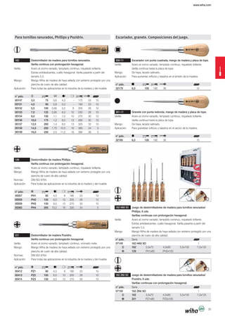 www.wiha.com
35
Para tornillos ranurados, Phillips y Pozidriv.
162 Destornillador de madera para tornillos ranurados.
Varilla continua con prolongación hexagonal.
Varilla: Acero al cromo-vanadio, templado continuo, niquelado brillante.
Estrías antideslizantes, cuello hexagonal. Varilla pasante a partir del
Mango: Mango Wiha de madera de haya sellada con extremo protegido por una
plancha de cuero de alta calidad.
Aplicación: Para todas las aplicaciones en la industria de la madera y del mueble.
n° pdo.
00147 3,5 75 0,6 4,0 - 175 23 10
00151 4,5 90 0,8 5,0 - 190 23 10
00152 5,5 100 0,95 5,5 8 205 26 10
00153 7,0 125 0,95 6,0 10 230 26 10
00154 9,0 150 1,1 7,0 10 270 30 10
00156 10,0 175 1,2 8,0 13 295 30 10
00157 12,0 200 1,4 8,0 13 325 32 10
00158 14,0 250 1,75 10,0 16 380 34 5
00159 16,0 250 2,0 11,0 16 390 36 5
129 Destornillador de madera Phillips.
Varilla continua con prolongación hexagonal.
Varilla: Acero al cromo-vanadio, templado continuo, niquelado brillante.
Mango: Mango Wiha de madera de haya sellada con extremo protegido por una
plancha de cuero de alta calidad.
Normas: DIN ISO 8764.
Aplicación: Para todas las aplicaciones en la industria de la madera y del mueble.
n° pdo.
00057 PH1 80 4,5 8 180 23 10
00058 PH2 100 6,0 10 205 26 10
00059 PH3 150 8,0 13 270 30 10
00060 PH4 200 10,0 16 330 34 5
221 Destornillador de madera Pozidriv.
Varilla continua con prolongación hexagonal.
Varilla: Acero al cromo-vanadio, templado continuo, cromado mate.
Mango: Mango Wiha de madera de haya sellada con extremo protegido por una
plancha de cuero de alta calidad.
Normas: DIN ISO 8764.
Aplicación: Para todas las aplicaciones en la industria de la madera y del mueble.
n° pdo.
00412 PZ1 80 4,5 8 180 23 10
00413 PZ2 100 6,0 10 205 26 10
00414 PZ3 150 8,0 13 270 30 10
Escariador, granete. Composiciones del juego.
300-11 Escariador con punta cuadrada, mango de madera y placa de tope.
Varilla: Acero al cromo-vanadio, templado continuo, niquelado brillante.
Varilla continua hasta la placa de tope.
Mango: De haya, lacado satinado.
Aplicación: Para aumentar orificios y taladros en el ámbito de la madera.
n° pdo.
32179 6,0 100 190 36 10
301-11 Granete con punta redonda, mango de madera y placa de tope.
Varilla: Acero al cromo-vanadio, templado continuo, niquelado brillante.
Varilla continua hasta la placa de tope.
Mango: De haya, lacado satinado.
Aplicación: Para granetear orificios y taladros en el sector de la madera.
n° pdo.
32180 6,0 100 190 36 10
162 HK6 SO Juego de destornilladores de madera para tornillos ranurados/
Phillips, 6 uds.
Varillas continuas con prolongación hexagonal.
Varilla: Acero al cromo-vanadio, templado continuo, niquelado brillante.
Estrías antideslizantes, cuello hexagonal. Varilla pasante a partir del
Mango: Mango Wiha de madera de haya sellada con extremo protegido por una
plancha de cuero de alta calidad.
n° pdo. Serie
07149 162 HK6 SO 1
162 3,5x75 4,5x90 5,5x100 7,0x125
129 PH1x80 PH2x100
162 ZK6 SO Juego de destornilladores de madera para tornillos ranurados/
Pozidriv, 6 uds.
Varillas continuas con prolongación hexagonal.
n° pdo. Serie
07150 162 ZK6 SO 1
162 3,5x75 4,5x90 5,5x100 7,0x125
221 PZ1x80 PZ2x100
 