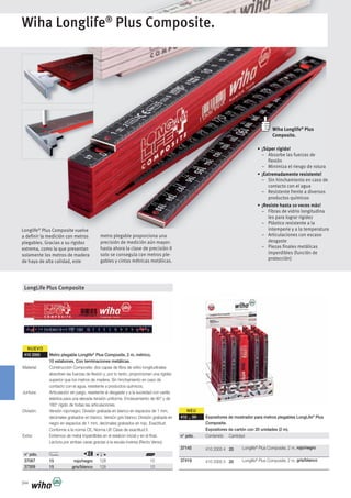 NUEVO
344
Wiha Longlife®
Plus Composite.
Wiha Longlife®
Plus
Composite.
¡Súper rígido!
– Absorbe las fuerzas de
flexión
– Minimiza el riesgo de rotura
¡Extremadamente resistente!
– Sin hinchamiento en caso de
contacto con el agua
– Resistente frente a diversos
productos químicos
¡Resiste hasta 10 veces más!
– Fibras de vidrio longitudina
les para lograr rigidez
– Plástico resistente a la
intemperie y a la temperatura
– Articulaciones con escaso
desgaste
– Piezas finales metálicas
imperdibles (función de
protección)
Longlife®
Plus Composite vuelve
a definir la medición con metros
plegables. Gracias a su rigidez
extrema, como la que presentan
solamente los metros de madera
de haya de alta calidad, este
LongLife Plus Composite
410 2005 Metro plegable Longlife®
Plus Composite, 2 m, métrico,
10 eslabones. Con terminaciones metálicas.
Material: Construcción Composite: dos capas de fibra de vidrio longitudinales
absorben las fuerzas de flexión y, por lo tanto, proporcionan una rigidez
superior que los metros de madera. Sin hinchamiento en caso de
contacto con el agua, resistente a productos químicos.
Juntura: Articulación sin juego, resistente al desgaste y a la suciedad con varilla
elástica para una elevada tensión uniforme. Enclavamiento de 90° y de
180° rígido de todas las articulaciones.
División: Versión rojo/negro: División grabada en blanco en espacios de 1 mm,
decimales grabados en blanco. Versión gris blanco: División grabada en
negro en espacios de 1 mm, decimales grabados en rojo. Exactitud:
Conforme a la norma CE, Norma UE Clase de exactitud II.
Extra: Extremos de metal imperdibles en el eslabón inicial y en el final.
Lectura por ambas caras gracias a la escala inversa (Recto Verso).
n° pdo.
37067 15 rojo/negro 128 10
37309 15 gris/blanco 128 10
410 ... VH Expositores de mostrador para metros plegables LongLife®
Plus
Composite.
Expositores de cartón con 20 unidades (2 m).
n° pdo. Contenido Cantidad
37145 410 2005 4 20 Longlife®
Plus Composite, 2 m, rojo/negro
37419 410 2005 5 20 Longlife®
Plus Composite, 2 m, gris/blanco
metro plegable proporciona una
precisión de medición aún mayor:
hasta ahora la clase de precisión II
solo se conseguía con metros ple-
gables y cintas métricas metálicas.
NEU
 