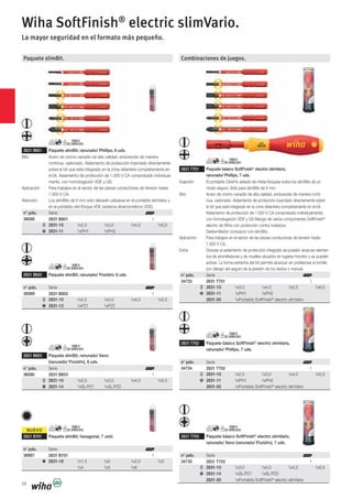 NUEVO
58
Paquete slimBit.
2831 B601 Paquete slimBit, ranurado/ Phillips, 6 uds.
Bits: Acero de cromo-vanadio de alta calidad, endurecido de manera
continua, vadonado. Aislamiento de protección inyectado directamente
sobre el bit que está integrado en la zona delantera completamente en
el bit. Aislamiento de protección de 1.000 V CA comprobado individual-
mente, con homologación VDE y GS.
Aplicación: Para trabajos en el sector de las piezas conductoras de tensión hasta
1.000 V CA.
Atención: Los slimBits de 6 mm sólo deberán utilizarse en el portabits slimVario y
n° pdo. Serie
36088 2831 B601 1
2831-10 1x2,5 1x3,0 1x4,0 1x5,5
2831-11 1xPH1 1xPH2
2831 B602 Paquete slimBit, ranurado/ Pozidriv, 6 uds.
n° pdo. Serie
36089 2831 B602 1
2831-10 1x2,5 1x3,0 1x4,0 1x5,5
2831-12 1xPZ1 1xPZ2
2831 B603 Paquete slimBit, ranurado/ Xeno
(ranurado/ Pozidriv), 6 uds.
n° pdo. Serie
36090 2831 B603 1
2831-10 1x2,5 1x3,0 1x4,0 1x5,5
2831-14 1xSL/PZ1 1xSL/PZ2
2831 B701 Paquete slimBit, hexagonal, 7 unid.
n° pdo. Serie
38997 2831 B701 1
2831-18 1x1,5 1x2 1x2,5 1x3
1x4 1x5 1x6
Combinaciones de juegos.
2831 T701 Paquete básico SoftFinish®
electric slimVario,
ranurado/ Phillips, 7 uds.
Sujeción: El portabits ClickFix aislado de metal bloquea todos los slimBits de un
modo seguro. Sólo para slimBits de 6 mm.
Bits: Acero de cromo-vanadio de alta calidad, endurecido de manera conti-
nua, vadonado. Aislamiento de protección inyectado directamente sobre
el bit que está integrado en la zona delantera completamente en el bit.
Aislamiento de protección de 1.000 V CA comprobado individualmente,
con homologación VDE y GS.Mango de varios componentes SoftFinish®
electric de Wiha con protección contra rodadura.
Destornillador compacto con slimBits.
Aplicación: Para trabajos en el sector de las piezas conductoras de tensión hasta
1.000 V CA.
Extra: Gracias al aislamiento de protección integrado se pueden alcanzar elemen-
tos de atornilladuras y de muelles situados en lugares hondos y se pueden
activar. La forma estrecha del bit permite alcanzar sin problemas el tornillo
por debajo del seguro de la presión de los dedos o manual.
n° pdo. Serie
34733 2831 T701 1
2831-10 1x3,0 1x4,0 1x5,5 1x6,5
2831-11 1xPH1 1xPH2
2831-00 1xPortabits SoftFinish®
electric slimVario
2831 T702 Paquete básico SoftFinish®
electric slimVario,
ranurado/ Phillips, 7 uds.
n° pdo. Serie
34734 2831 T702 1
2831-10 1x2,5 1x3,0 1x4,0 1x5,5
2831-11 1xPH1 1xPH2
2831-00 1xPortabits SoftFinish®
electric slimVario
2831 T703 Paquete básico SoftFinish®
electric slimVario,
ranurado/ Xeno (ranurado/ Pozidriv), 7 uds.
n° pdo. Serie
34735 2831 T703 1
2831-10 1x3,0 1x4,0 1x5,5 1x6,5
2831-14 1xSL/PZ1 1xSL/PZ2
2831-00 1xPortabits SoftFinish®
electric slimVario
Wiha SoftFinish®
electric slimVario.
La mayor seguridad en el formato más pequeño.
 