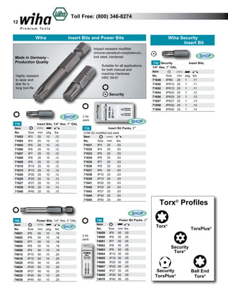 Toll Free: (800) 346-8274

12
Wiha

Insert Bits and Power Bits

Wiha Security
Insert Bit

Impact resistant modified
chrome-vanadium-molybdenum,
tool steel, hardened

Made in Germany Production Quality

Suitable for all applications
for both manual and
machine Hardness
HRC 59-61

Highly resistant
to wear and
tear for a
long tool life

Security

SHOP
716
Insert
Item			
No.	
Size	 mm	
71603	 IP3	 25	
71604	 IP4	 25	
71605	 IP5	 25	
71606	 IP6	 25	
71607	 IP7	 25	
71608	 IP8	 25	
71609	 IP9	 25	
71610	 IP10	 25	
71615	 IP15	 25	
71620	 IP20	 25	
71625	 IP25	 25	
71627	 IP27 	 25	
71630	 IP30 	 25	
71640	 IP40	 25	

Bits, 1/4” Hex, 1” OAL
	
pkg.	 lbs.	
	
10	 .12	
10	 .12	
10	 .12	
10	 .12	
10	 .12	
10	 .12		
10	 .12		
10	 .12		
10	 .12	
10	 .12	
10	 .12	
10	 .13	
10	 .13	
10	 .15	

2 bit
pack

SHOP
716 Security
1/4” Hex, 1” OAL
Item			
No.	
Size	 mm	
71648	 IPR8	 25	
71650	 IPR10	 25	
71652	 IPR15	 25	
71654	 IPR20	 25	
71656	 IPR25	 25	
71657	 IPR27 	 25	
71658	 IPR30 	 25	
71660	 IPR40	 35	

Insert Bits,

pkg.	
1	
1	
1	
1	
1	
1	
1	
1	

	
lbs.	 	
.11	
.11		
.11	
.12	
.13	
.13	
.14	
.14	

SHOP

Insert Bit Packs, 1”
716
CVM S2 modified tool steel
Item
No.	
Size	 mm 	 lbs.	
71631	
IP3	 25	
.03	
71632	
IP4	 25	
.03	
71633	
IP5	 25	
.03	
71634	
IP6	 25	
.03	
71635	
IP7	 25	
.03	
71636	
IP8	 25	
.03	
71637	
IP9	 25	
.03	
71638	
IP10	 25	
.03	
71639	
IP15	 25	
.03	
71641	
IP20	 25	
.03	
71642	
IP25	 25	
.03	
71643	
IP27	 25	
.03	
71644	
IP30	 25	
.03	
71645	
IP40	 25	
.04	

Torx® Profiles

SHOP
Power Bits, 1/4” Hex, 2” OAL
746
Item			
		
SHOP
No.	
Size	 mm	 pkg.	 lbs.	
74601	 IP5	
50	 10	
.18
74602	 IP6	
50	 10	
.18	
74603	 IP7	
50	 10	
.18	
74604	 IP8	
50	 10	
.18	
74608	 IP9	
50	 10	
.18	
74612	 IP10	 50	 10	
.20	
74616	 IP15	 50	 10	
.20	
74620	 IP20	 50	 10	
.20	
74624	 IP25	 50	 10	
.20	
74628	 IP27	 50	 10	
.25	
74632	 IP30	 50	 10	
.25	
74636	 IP40	 50	 10	
.25	

2 bit
pack

Power Bit Packs, 2”
746
Item
No.	
Size	 mm	 lbs.	
74659	 IP5	 50	 .05
74660	 IP6	 50	 .05	
74661	 IP7	 50	 .05	
74662	 IP8	 50	 .05	
74663	 IP9	 50	 .05	
74664	 IP10	 50	 .05	
74665	 IP15	 50	 .05	
74666	 IP20	 50	 .05	
74667	 IP25	 50	 .05	
74668	 IP27	 50	 .05	
74669	 IP30	 50	 .05	
74670	 IP40	 50	 .05	

Torx®

TorxPlus®

Security
Torx®

Security
TorxPlus®

Ball End
Torx®

 