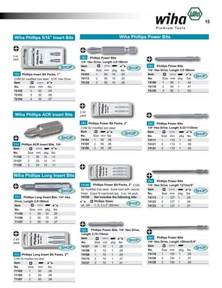 15
Wiha Phillips Power Bits

Wiha Phillips 5/16” Insert Bits

2 bit
pack

SHOP
721 Phillips Insert Bit Packs, 1”

CVM S2 modified tool steel. 5/16” Hex Drive.
Item
Size	 mm	 lbs.	
No.	
72102	
2	
32	
.05	
72103	
3	
32	
.06	
72104	
4	
32	
.07	

Wiha Phillips ACR Insert Bits

741 Phillips Power Bits
1/4” Hex Drive, Length 2.0”/50mm
Item					
SHOP
No.	
Size	 mm	 pkg.	 lbs.	
	
74103	
1	
50	 10	
.24	
74112	
2	
50	 10	
.25	
74124	
3	
50	 10	
.26	

2 bit
pack
741 Phillips Power Bit Packs, 2”

SHOP
711 Phillips ACR Insert Bits, 1/4”
Item					
No.	
Size	 mm	 pkg.	 lbs.	
1	
25	 10	 .11	
71126	
71127	
2	
25	 10	 .11	
71128	
3	
25	 10	 .11	

741 Phillips Power Bits
1/4” Hex Drive, Length 3.5”/90mm
Item					
SHOP
No.	
Size	 mm	 pkg.	 lbs.		
74109	
1	
90	 1	
.34	
74118	
2	
90	 1	
.47	
74130	
3	
90	 1	
.53		

CVM S2 modified tool steel.
Item
No.	
Size	 mm	 lbs.	
74164	 1	 50	 .06	
74165	 2	 50	 .06	
74166	 3	 50	 .06	

SHOP

741 Phillips Power Bits
1/4” Hex Drive, Length 4.33”/110mm
Item					
SHOP
No.	
Size	 mm 	 pkg.	 lbs.	
74111	
1	
110	 1	
.40	
74121	
2	
110 	1	
.56	
74131	
3	
110	 1	
.65	

Wiha Phillips Long Insert Bits
SHOP
711 Phillips Long Insert Bits. 1/4” Hex
Drive, Length 2.0”/50mm
Item					
No.	
Size	 mm	 pkg.	 lbs.	
	
71105	
1	
50	 10	 .25	
71106	
2	
50	 10	 .25	
71107	
3	
50	 10	 .27	

2 bit
pack

SHOP
711 Phillips Long Insert Bit Packs, 2”

CVM S2 modified tool steel

Item
No.	
71165	
71166	
71167	

Size	
1	
2	
3	

mm	
50	
50	
50	

lbs.	
.06	
.06	
.06	

74150 Phillips Power Bit Packs, 2” CVM
S2 modified tool steel. Extra hard with natural
finish. Exact fit machined tips. 3 pc. bit pack.
74150	 Set includes the following bits:	
	
Phillips Sizes:		
SHOP
wt. .09	 1, 2, 3 x 2” (50mm) 		

741 Phillips Power Bits
1/4” Hex Drive, Length 127mm/5”
Item					
SHOP
No.	
Size	 mm 	 pkg.	 lbs.	
74113	
1	
127	 1	
.04	
74123	
2	
127 1	
.06	
74133	
3	
127	 1	
.07	

Phillips Power Bits. 1/4” Hex Drive,
741
Length 2.75”/70mm
Item					
SHOP
No.	
Size	 mm	 pkg.	 lbs.	
74167	 00	 70	
1	
.29
74168	 0	
70	
1	
.29 	
74106	 1	
70	
1	
.29	
74115	 2	
70	
1	
.37	
74127	 3	
70	
1	
.41	

741 Phillips Power Bits
1/4” Hex Drive, Length 150mm/5.9”
Item					
SHOP
No.	
Size	 mm 	 pkg.	 lbs.	
74116	
1	
150	 1	
.05	
74126	
2	
150 	1	
.07	
74136	
3	
150	 1	
.09	

 