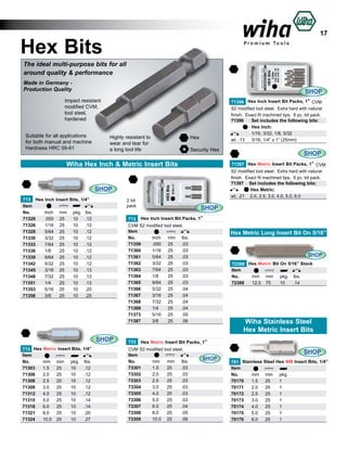 17

Hex Bits
The ideal multi-purpose bits for all
around quality & performance
Made in Germany Production Quality

SHOP
71396 Hex Inch Insert Bit Packs, 1” CVM
S2 modified tool steel. Extra hard with natural
finish. Exact fit machined tips. 6 pc. bit pack.
71396	 Set includes the following bits:	
Hex Inch:
	
	
1/16, 3/32, 1/8, 5/32 	
wt. .13	 3/16, 1/4” x 1” (25mm)	

Impact resistant
modified CVM,
tool steel,
hardened
Suitable for all applications
for both manual and machine
Hardness HRC 59-61

Highly resistant to
wear and tear for
a long tool life

Hex
Security Hex

71397 Hex Metric Insert Bit Packs, 1” CVM
S2 modified tool steel. Extra hard with natural
finish. Exact fit machined tips. 6 pc. bit pack.
71397 Set includes the following bits:	
Hex Metric:		
wt. .21 2.0, 2.5, 3.0, 4.0, 5.0, 6.0 		

Wiha Hex Inch & Metric Insert Bits

SHOP
2 bit
pack

713 Hex Inch Insert Bits, 1/4”
Item 					
No.	
Inch	 mm	 pkg.	 lbs.	
71329	
.050	 25	
10	 .12	
71326	
1/16	 25	
10	 .12	
71328	
5/64	 25	
10	 .12	
71330	
3/32	 25	
10	 .12	
71333	
7/64	 25	
10	 .12	
71336	
1/8	
25	
10	 .12	
71339	
9/64	 25	
10	 .12	
71342	
5/32	 25	
10	 .12	
71345	
3/16	 25	
10	 .13	
71348	
7/32	 25	
10	 .13	
71351	
1/4	
25	
10	 .13	
71353	
5/16	 25	
10	 .20	
71356	
3/8	
25	
10	 .25	

713 Hex Metric Insert Bits, 1/4”
Item					
No.	
mm	 mm	 pkg.	 lbs.	
71303	 1.5	 25
	 10	
.12	
71306	 2.0	 25	
10	
.12	
71308	 2.5	 25	
10	
.12	
71309	 3.0	 25	
10	
.12	
71312	 4.0	 25	
10	
.12	
71315	 5.0	 25	
10	
.14	
71318	 6.0	 25	
10	
.14	
71321	 8.0	 25	
10	
.20	
71324	 10.0	 25	
10	
.27	

SHOP

713 Hex Inch Insert Bit Packs, 1”
CVM S2 modified tool steel.
Item
Inch	 mm	 lbs.	
No.	
71359	
.050	 25	
.03	
71360	
1/16	 25	
.03	
71361	
5/64	 25	
.03	
71362	
3/32	 25	
.03	
71363	
7/64	 25	
.03	
71364	
1/8	
25	
.03	
71365	
9/64	 25	
.03	
71366	
5/32	 25	
.04	
71367	
3/16	 25	
.04	
71368	
7/32	 25	
.04	
71369	
1/4	
25	
.04	
71373	
5/16	 25	
.05	
71387	
3/8	
25	
.06	

SHOP

733

SHOP

Hex Metric Long Insert Bit On 5/16”

SHOP
72388 Hex Metric Bit On 5/16” Stock
Item					
No.	
mm	 mm	 pkg.	 lbs.	
72388	 12.0	 75
	 10	
.14

Wiha Stainless Steel
Hex Metric Insert Bits

Hex Metric Insert Bit Packs, 1”

CVM S2 modified tool steel.
Item
No.	
mm	 mm	 lbs.	
73301	
1.5	
25	
.03	
73302	
2.0	
25	
.03	
73303	
2.5	
25	
.03	
73304	
3.0	
25	
.03	
73305	
4.0	
25	
.03	
73306	
5.0	
25	
.03	
73307	
6.0	
25	
.04	
73308	
8.0	
25	
.05	
73309	
10.0	 25	
.06	

SHOP

SHOP
701 Stainless Steel Hex MM Insert Bits, 1/4”
Item					
No.	
mm	 mm	 pkg.		
70170	 1.5	 25
	 1		
70171	 2.0	 25	
1		
70172	 2.5	 25	
1		
70173	 3.0	 25	
1		
70174	 4.0	 25	
1		
70175	 5.0	 25	
1		
70176	 6.0	 25	
1	

 