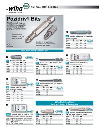 Toll Free: (800) 346-8274

24

Pozidriv® Bits
The ideal multi-purpose
tools to meet production
requirements for both
quality and performance
Impact resistant
modified CVM, tool
steel, hardened

742 Pozidriv® Power Bits. 1/4” Hex Drive,
Length 2.0”/50mm
Item					
SHOP
No.	
Size	 mm	 pkg.	 lbs.	
74203	
1	
50	
10	
.24	
74212	
2	
50	
10	
.25	
74221	
3	
50	
10	
.26	

Suitable for all applications
for both manual and machine
Hardness HRC 59-61

Pozidriv®

PoziDriv® Insert & Power Bits
SHOP
712 Pozidriv® Insert Bits, 1/4”
Item					
No.	
Size	 mm	 pkg.	 lbs.	
71200	
0	
25	
10	 .10	
71201	
1	
25	
10	 .10	
71202	
2	
25	
10	 .10	
71203	
3	
25	
10	 .10	

2 bit
pack

SHOP

®
712 Pozidriv Insert Bit Packs, 1”
CVM S2 modified tool steel.
Item
Size	 mm 	 lbs.	
No.	
71250	
0	
25	 .03	
71251	
1	
25	 .03	
71252	
2	
25	 .03	
71253	
3	
25	 .04	

2 bit
pack
742 Pozidriv® Power Bits. 1/4” Hex Drive,
Length 3.5”/90mm
Item					
SHOP
No.	
Size	 mm	 pkg.	 lbs.	
74207	
1	
90	
10	
.34	
74216	
2	
90	
10	
.46	
74225	
3	
90	
10	
.53	

SHOP

742 Pozidriv® Power Bit Packs, 2”
CVM S2 modified tool steel.
Item
No.	
Size	 mm	 lbs.	
74261	
1	
50	 .06
74262	
2	
50	 .06	
74263	
3	
50	 .07	

742 Pozidriv® Power Bits. 1/4” Hex Drive,
Length 2.75”/70mm
Item					
SHOP
No.	
Size	 mm	 pkg.		
74201	
0	
70	
1		
74205	
1	
70	
1		
74214	
2	
70	
1		

Wiha Stainless Steel
Pozidriv® Insert & Power Bits
SHOP
71254 Pozidriv® Insert Bit Packs, 1” CVM
S2 modified tool steel. Extra hard with natural
finish. Exact fit machined tips. 3 pc. bit pack.
71254	 Set includes the following bits:	
	Pozidriv®:		
wt. .04	 1, 2, 3 x 1” (25mm) 		

SHOP
712 Stainless Steel Pozidriv® Insert Bits, 1/4”
Item					
No.	
Size	 mm	 pkg.		
71241	
1	
25	
1		
71242	
2	
25	
1		
71243	
3	
25	
1	

SHOP
704 Stainless Steel Pozidriv Power Bits.
1/4” Hex Drive, Length 2.0”/50mm
Item					
No.	
Size	 mm	 pkg.		
70407	
1	
50	
1		
70408	
2	
50	
1		
70410	
3	
50	
1		
®

 