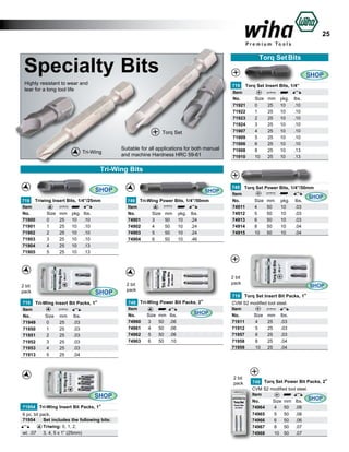 25
Torq Set Bits

Specialty Bits

SHOP

Highly resistant to wear and
tear for a long tool life

Torq Set
Tri-Wing

Suitable for all applications for both manual
and machine Hardness HRC 59-61

719 Torq Set Insert Bits, 1/4”
Item					
No.	
Size	 mm	 pkg.	 lbs.	
71921	
0	
25	 10	
.10	
71922	
1	
25	 10	
.10	
71923	
2	
25	 10	
.10	
71924	
3	
25	 10	
.10	
71907	
4	
25	 10	
.10	
71909	
5	
25	 10	
.10	
71906	
6	
25	 10	
.10	
71908	
8	
25	 10	
.13	
71910	
10	 25	 10	
.13	

Tri-Wing Bits
SHOP

SHOP

719 Triwing Insert Bits, 1/4”/25mm
Item					
No.	
Size	 mm	 pkg.	 lbs.	
71900	
0	
25	 10	 .10	
71901	
1	
25	 10	 .10	
71902	
2	
25	 10	 .10	
71903	
3	
25	 10	 .10	
71904	
4	
25	 10	 .13	
71905	
5	
25	 10	 .13	

749 Tri-Wing Power Bits, 1/4”/50mm
Item					
No.	
Size	 mm	 pkg.	 lbs.	
74901	
3	
50	 10	 .24	
74902	
4	
50	 10	 .24	
74903	
5	
50	 10	 .24	
74904	
6	
50	 10	 .46	

2 bit
pack

2 bit
pack

SHOP

719 Tri-Wing Insert Bit Packs, 1”
Item
No.	
Size	 mm	 lbs.	
71949	
0	
25	
.03	
71950	
1	
25	
.03	
71951	 2	
25	
.03	
71952	
3	
25	
.03	
71953	
4	
25	
.03	
71913	
5	
25	
.04	

749 Tri-Wing Power Bit Packs, 2”
Item
SHOP
No.	
Size	 mm	 lbs.	
74960	 3	 50	 .06	
74961	 4	 50	 .06	
74962	 5	 50	 .06	
74963	 6	 50	 .10	

749

Torq Set Power Bits, 1/4”/50mm
Item					
SHOP
No.	
Size	 mm	 pkg.	 lbs.	
74911	
4	
50	
10	
.03	
74912	
5	
50	
10	
.03	
74913	
6	
50	
10	
.03	
74914	
8	
50	
10	
.04	
74915	
10	 50	
10	
.04	

2 bit
pack
719

71954 Tri-Wing Insert Bit Packs, 1”

6 pc. bit pack.
71954	 Set includes the following bits:	
	Triwing: 0, 1, 2,
wt. .07	 3, 4, 5 x 1” (25mm) 	

Torq Set Insert Bit Packs, 1”

CVM S2 modified tool steel.
Item
No.	
Size	 mm	 lbs.	
71911	
4	
25	 .03	
71912	
5	
25	 .03	
71957	
6	
25	 .03	
71958	
8	
25	 .04	
71959	 10	 25	 .04	

2 bit
pack

SHOP

SHOP

749 Torq Set Power Bit Packs, 2”
CVM S2 modified tool steel.
Item
SHOP
No.	
Size	 mm	 lbs.
74964	
4	 50	 .06	
74965	
5	 50	 .06	
74966	
6	 50	 .06	
74967	
8	 50	 .07	
74968	
10	 50	 .07	

 