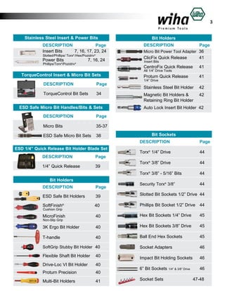 3
Stainless Steel Insert & Power Bits
DESCRIPTION		 Page
Insert Bits		 7, 16, 17, 23, 24
Slotted/Phillips/ Torx® /Hex/Pozidriv®

Power Bits	

Phillips/Torx®/Pozidriv®

7, 16, 24

Bit Holders
DESCRIPTION		

Page
Micro Bit Power Tool Adapter 36
ClicFix Quick Release	
41
Insert Bits

CentroFix Quick Release	

41

Proturn Quick Release	

41

All 1/4” Drive Tools

TorqueControl Insert & Micro Bit Sets
DESCRIPTION		 Page
TorqueControl Bit Sets	

34

ESD Safe Micro Bit Handles/Bits & Sets

1/4” Drive

Stainless Steel Bit Holder	 42
Magnetic Bit Holders &	
42
Retaining Ring Bit Holder		
Auto Lock Insert Bit Holder 42

DESCRIPTION		 Page
Micro Bits				

35-37

ESD Safe Micro Bit Sets	 38

Bit Sockets
DESCRIPTION	Page

ESD 1/4” Quick Release Bit Holder Blade Set

Torx® 1/4” Drive	

44

Torx® 3/8” Drive	

44

Torx® 3/8” - 5/16” Bits	

44

Security Torx® 3/8” 	

44

DESCRIPTION		 Page
1/4” Quick Release		

39

Bit Holders
DESCRIPTION		 Page
ESD Safe Bit Holders	

39

Slotted Bit Sockets 1/2” Drive	 44

SoftFinish® 		

40

Phillips Bit Socket 1/2” Drive	 44

MicroFinish 			

40

Hex Bit Sockets 1/4” Drive	

45

3K Ergo Bit Holder		

40

Hex Bit Sockets 3/8” Drive	

45

T-handle			

40

Ball End Hex Sockets	

45

SoftGrip Stubby Bit Holder 40

Socket Adapters	

46

Flexible Shaft Bit Holder	 40

Impact Bit Holding Sockets	

46

Cushion Grip

Non-Slip Grip

Drive-Loc VI Bit Holder	
Proturn Precision	
Multi-Bit Holders		

40
	 40
41

6” Bit Sockets
Socket Sets

1/4” & 3/8” Drive 	

46
47-48

 