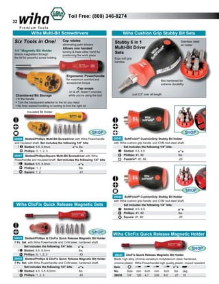 Toll Free: (800) 346-8274

32

Wiha Multi-Bit Screwdrivers

Six Tools in One!
1/4” Magnetic Bit Holder

directs magnetism through
the bit for powerful screw holding

Wiha Cushion Grip Stubby Bit Sets

Cap rotates
eliminating palm blisters

Allows one handed

turning & frees other hand for
positioning the work piece

Stubby 6 in 1
Multi-Bit Driver
Sets

Stainless steel
bit holder

Ergo soft grip
handles

Ergonomic Powerhandle
for maximum comfort and
exceptional torque

Bits hardened for
extreme durability

Cap snaps

Chambered Bit Storage

on & off, doesn’t unscrew
while you’re using the tool

Just 2.5” over all length

• In the handle
• Turn the transparent selector to the bit you need
• No time wasted fumbling or sorting to find the right bit
Insulated Bit Holder

SHOP
38006 Slotted/Phillips Multi-Bit Screwdriver with Wiha Powerhandle
and insulated shaft.	Set includes the following 1/4” bits:
	
Slotted: 5.5, 6.5mm			
lbs.	
	
Phillips: 0, 1, 2, 3			
.39	
38007 Slotted/Phillips/Square Multi-Bit Screwdriver with Wiha
Powerhandle and insulated shaft. Set includes the following 1/4” bits:
	
Slotted: 6.5, 8.0mm 			
	
lbs.	
	Phillips: 1, 2			
	
Square: 1, 2			
.41	

SHOP
38043

SoftFinish®

CushionGrip Stubby Bit Holder
with Wiha cushion grip handle and CVM tool steel shaft.
	
Set includes the following 1/4” bits:
	Slotted: 4.5, 6.5 		
	
Phillips: #1, #2			
lbs.		
.20	
	
Pozidriv®: #1, #2			

SHOP

Wiha ClicFix Quick Release Magnetic Sets

SHOP
38033 Slotted/Phillips & ClicFix Quick Release Magnetic Bit Holder
7 Pc. Set with Wiha Powerhandle and CVM steel, hardened shaft.
	
Set includes the following 1/4” bits:
	
Slotted: 6.5, 8.0mm			
lbs.	
	
Phillips: 0, 1, 2, 3			
.43	
38059 Slotted/Phillips & ClicFix Quick Release Magnetic Bit Holder
7 Pc. Set with Wiha Powerhandle and CVM steel, hardened shaft.
	
Set includes the following 1/4” bits:
	
Slotted: 4.5, 5.5, 6.5mm		 lbs.	
	
Phillips: 1, 2, 3			
.43	

38048 SoftFinish® CushionGrip Stubby Bit Holder
with Wiha cushion grip handle and CVM tool steel shaft.
	
Set includes the following 1/4” bits:
	Slotted: 4.5, 6.5 		
	
Phillips: #1, #2			
lbs.		
	
Square: #1, #2			
.20	

Wiha ClicFix Quick Release Magnetic Holder
SHOP
38030 ClicFix Quick Release Magnetic Bit Holder
Blade high alloy chrome-vanadium-molybdenum steel, hardened,
chrome-plated. Wiha Powerhandle high quality plastic, impact resistant.
Item
No.	
Size	 mm	 Inch	 mm	 Inch	
lbs	 pkg.	
38030	 1/4”	 120	 4.7	
230	 9.0	
.27	 10	

 
