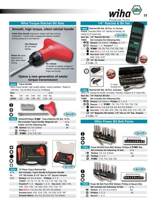 33
Wiha Torque Ratchet Bit Sets

1/4” Ratchet & Bit Set

Smooth, high torque, silent ratchet handle
Pistol Grip Handle ergonomic design with free running
mechanism. Instant clutch engagement allows constant
turning pressure on the fastener.
Hex Retainer
for bit holder
blades
Allows for quick
adjustment to
right, left or fixed
turning.

No release
of handle is needed, change of
direction can be made with index
finger and thumb.

74992 Ratchet Bit Set, 29 Pcs. In Canvas
Pouch. Includes Wiha 1/4” ratchet bit handle, bit
holder & 27 Insert bits.
SHOP
Item No.	 1/4” Ratchet Bit Set
74992	 Set includes the following bits:
	Slotted: 5.5, 6.5mm / Phillips: 0, 1, 2
	
Square: 1, 2 / Pozidriv®: 1, 2
	
: T8, T9, T10, T15, T20, T25
	
Hex Metric: 2.0, 2.5, 3.0, 4.0, 5.0mm
	
Hex Inch: 5/64, 3/32, 7/64, 1/8,
	
9/64, 5/32, 3/16”
	
1/4” Bit Holder
	
lbs. .72

72

Opens a new generation of easier
torque transmission
28200 Topra Handle
Wiha-Topra handle, high quality plastic, impact resistant. Rated to
150in/lbs. Fits all Wiha Drive-Loc VI Blades.
Item
mm	 mm	 Inch	 mm	 Inch	 lbs.		
No.	
28200	 6.0	 100	 3.94	 85	
3.35	 .48		

SHOP

In metal
storage box

74996 Ratchet Bit Set, 34 Pcs. Includes:
Wiha 1/4” ratchet bit handle, bit holder, Hex/Sqr. Adapter & 31 Insert bits.
Item No.	 1/4” Ratchet Bit Set
74996	 Set includes the following bits:
	Slotted: 5.5, 6.0mm / Phillips: 0, 1, 2, 3
	
Square: 1, 2 /
: T8, T10, T15, T20, T25, T30
	
Hex Metric: 1.5, 2.0, 2.5, 3.0, 4.0, 5.0, 6.0mm
	
Hex Inch: 1/16, 5/64, 3/32, 7/64, 1/8, 9/64, 5/32, 3/16, 7/32, 1/4”
	
1/4” Magnetic Bit Holder, 1/4” Hex to 1/4” Sqr. Adapter
	
lbs. .74

Slotted/Phillips/
Topra Ratchet Bit Set, 12 Pc.
Set includes Topra Handle, Magnetic bit
lbs.
holder and the following bits:
			
	
Slotted: 5.5, 6.5, 8.0mm			
	 .69
	Phillips: 0, 1, 2, 3					
	
: T10, T15, T20			
	
	
28296

Wiha Power Bit Belt Packs

SHOP

74983
	
	
	
	

SHOP
28291
	
lbs.	
2.03	
	
	
	
	
	
	

57 Piece Topra Ratchet Set
Set includes: 	 opra Handle & Dynamic Handle
T
1/4” Bit Holder & 1/4” Hex to 1/4” Square Adapter
	 lotted: 4.5, 5.5, 6.5mm	 Phillips: 0, 1, 2
S
TORX®: T5, T6, T7, T8, T9, T10, T15, T20, T25, T30 	
	
Pozidriv®: 1, 2 Square: 1, 2, 3 Hex Inch: .050, 1/16,
5/64, 3/32, 7/64, 1/8, 9/64, 5/32, 3/16, 7/32, 1/4”
Hex Metric: 1.5, 2.0, 2.5, 3.0, 4.0, 5.0, 6.0mm 	
Sockets Inch: 5/32, 3/16, 7/32, 1/4, 9/32, 5/16, 3/8” 	
Sockets Metric: 4.0, 4.5, 5.0, 5.5, 6.0, 7.0, 8.0mm 		

Power Bit Belt Pack With Slotted, Phillips &
Bits
Set includes the following 10 bits:		
	
Slotted: 4.5, 5.5, 6.5mm 	
			 lbs.	
Phillips: 1, 2, 3						 .30		
: T10, T15, T20, T25

SHOP

74988 Power Bit Belt Pack With Slotted, Phillips & Square Bits
	
Set includes the following 10 bits:		
	
	
Slotted: 3.0, 4.5, 5.5, 6.5mm 			 lbs.	
	
Phillips: 1, 2, 3						 .30		
	Square: 1, 2, 3

 