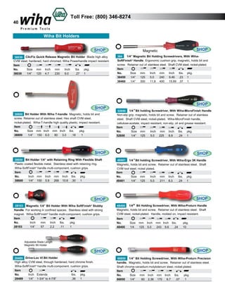 Toll Free: (800) 346-8274

40

Wiha Bit Holders
SHOP
38030 ClicFix Quick Release Magnetic Bit Holder Blade high alloy
CVM steel, hardened, hard chromed. Wiha Powerhandle impact resistant.
Item
No.	
Size	 mm	 Inch	 mm	 Inch	
lbs	 pkg.	
38030	 1/4”	 120	 4.7	
230	 9.0	
.27	 1	

SHOP
38800 Bit Holder With Wiha T-handle Magnetic, holds bit and
screw. Retainer out of stainless steel. Hex shaft CVM steel,
nickel-plated. Wiha-T-handle high quality plastic, impact resistant.
Item
No.
Size mm Inch mm Inch lbs.
pkg.	
38800	
1/4”	 150	 6.0	 80	 3.0	
.18	
1	

SHOP

Magnetic

1/4” Magnetic Bit Holding Screwdrivers, With Wiha384
SoftFinish® Handle Ergonomic cushion grip, magnetic, holds bit and
screw. Retainer out of stainless steel. Shaft CVM steel, nickel-plated.
Item
No.
Size mm 	 Inch	 mm	 Inch	 lbs.	 pkg.	
38450	 1/4”	 125	 5.0	
240	 9.46	 .23	 1	
38460	 1/4”	 300	 11.8	 400	 15.69	 .37	 1	

SHOP
52650 1/4” Bit holding Screwdriver, With Wiha-MicroFinish Handle
Non-slip grip, magnetic, holds bit and screw. Retainer out of stainless
steel. Shaft CVM steel, nickel-plated. Wiha-MicroFinish handle,
cellulose-acetate, impact resistant, non-slip, oil and grease resistant.
Item
No.	
Size	 mm	
Inch	 mm	 Inch lbs. 	 pkg.	
52650	
1/4”	 125	
5.0	 225	 8.9	
.24	 1	

SHOP
38600 Bit Holder 1/4” with Retaining Ring With Flexible Shaft
Plastic coated flexible metal. Stainless steel with retaining ring.
Wiha-SoftFinish® handle multi-component, cushion grips.
Item
No.	
Inch	 mm	 Inch	 mm	 Inch	 lbs.	 pkg.	
38600	
1/4”	 150	 5.9	 268	 10.6	 .30	 1	

SHOP
48401 1/4” Bit holding Screwdriver, With Wiha-Ergo 3K Handle
Magnetic, holds bit and screw. Retainer out of stainless steel. Shaft
CVM tool steel, nickel plated.
Item
No.	
Size	 mm	
Inch	 mm	 Inch lbs. 	 pkg.	
48401	
1/4”	 125	
5.0	
211	 8.3	
.24	 1	

SHOP

SHOP
28103 Magnetic 1/4” Bit Holder With Wiha SoftFinish® Stubby
Handle For working in confined spaces. Stainless steel with strong
magnet. Wiha-SoftFinish® handle multi-component, cushion grips.
Item
No.	
Inch	 mm	 Inch	 lbs.	
pkg.	
28103	
1/4”	
57	
2.2	
.11	
1	

48400 1/4” Bit Holding Screwdriver, With Wiha-Proturn Handle
Magnetic, holds bit and screw. Retainer out of stainless steel. Shaft
CVM steel, nickel-plated. Handle, molded on, impact resistant.
Item
No.
48400	

Size
1/4

mm Inch mm Inch lbs. 	
125 5.0 	 243 9.6	 .24 	

pkg.
10

Adjustable Blade Length
Magnetic Bit Holder

SHOP
28489 Drive-Loc VI Bit Holder
High alloy CVM steel, through hardened, hard chrome finish.
Wiha-SoftFinish® handle multi-component, cushion grips.
Item
No.	
Inch	 Extends			
lbs.	 pkg.	
28489	
1/4”	 1-3/4” to 4-7/8”		
.36	 1	

SHOP
66850 1/4” Bit Holding Screwdriver, With Wiha-Proturn Precision
handle. Magnetic, holds bit and screw. Retainer out of stainless steel.
Shaft chrome-vanadium-molybdenum steel, nickel-plated.
Item
No.
Size mm Inch mm Inch lbs.
pkg.
66850	 1/4”	
60	 2.36	 170	 6.7
.07 	 1	

 