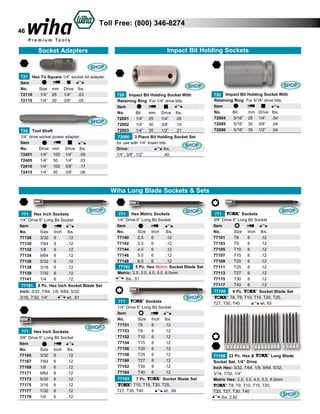 Toll Free: (800) 346-8274

46

Impact Bit Holding Sockets

Socket Adapters
SHOP
721 Hex To Square 1/4” socket bit adapter.
Item			
No.
Size 	 mm	 Drive	 lbs.	
72110	
1/4”	 25	 1/4”	 .03	
72115	
1/4”	 30	 3/8”	 .05	

SHOP
724 Tool Shaft
1/4” drive socket power adapter.
Item			
No.
Drive mm 	 Drive	 lbs.	
72401	
1/4”	 100	 1/4”	 .09	
72405	
1/4”	 50	
1/4”	 .03	
72410	
1/4”	 100	 3/8”	 .17	
72415	
1/4”	 50	
3/8”	 .06	

SHOP

SHOP
720 Impact Bit Holding Socket With
Retaining Ring For 1/4” drive bits.
Item			
No.
Bit 	 mm	 Drive	 lbs.	
72001	 1/4”	 25	
1/4”	 .05	
72002	 1/4”	 30	
3/8”	 .10	
72003	 1/4”	 35	
1/2”	 .21	

720 Impact Bit Holding Socket With
Retaining Ring For 5/16” drive bits.
Item			
No.
Bit 	
mm	 Drive	 lbs.	
72004	
5/16”	 25	 1/4”	 .04	
72005	
5/16”	 30	 3/8”	 .04	
72006	
5/16”	 35	 1/2”	 .04	

72090 3 Piece Bit Holding Socket Set
for use with 1/4” Insert bits 		
SHOP
Drive: 			
lbs.
1/4”, 3/8”, 1/2”		
.40	

Wiha Long Blade Sockets & Sets

771 Hex Inch Sockets
1/4” Drive 6” Long Bit Socket
Item
No.	
Size	 Inch	 lbs.	
77128	
3/32	 6	
.12	
77130	
7/64	 6	
.12	
77132	
1/8	
6	
.12	
77134	
9/64	 6	
.12	
77136	
5/32	 6	
.12	
77138	
3/16	 6	
.12	
77139	
7/32	 6	
.12	
77141	
1/4	
6	
.12	

SHOP

77191 8 Pc. Hex Inch Socket Blade Set
Inch: 3/32, 7/64, 1/8, 9/64, 5/32, 	
3/16, 7/32, 1/4”		
wt. .81		

771

Hex Inch Sockets
3/8” Drive 6” Long Bit Socket
Item
No.	
Size	 Inch	 lbs.	
77165	
3/32	 6	
.12	
77167	
7/64	 6	
.12	
77169	
1/8	
6	
.12	
77171	
9/64	 6	
.12	
77173	
5/32	 6	
.12	
77175	
3/16	 6	
.12	
77177	
7/32	 6	
.12	
77179	
1/4	
6	
.12	

SHOP

SHOP

771 Hex Metric Sockets
1/4” Drive 6” Long Bit Socket
Item
No.	
Size	 Inch	 lbs.	
77140	
2.5	
6	
.12	
77142	
3.0	
6	
.12	
77144	
4.0	
6	
.12	
77146	
5.0	
6	
.12	
77148	
6.0	
6	
.12	
77192 5 Pc. Hex Metric Socket Blade Set
Metric: 2.5, 3.0, 4.0, 5.0, 6.0mm
lbs. .51 	

Sockets
771
3/8” Drive 6” Long Bit Socket
Item
No.	
Size	 Inch	 lbs.	
77101	
T8	
6	
.12	
77103	
T9	
6	
.12	
77105	
T10	 6	
.12	
77107	
T15	 6	
.12	
77109	
T20	 6	
.12	
77111	
T25	 6	
.12	
77113	
T27	 6	
.12	
77115	
T30	 6	
.12	
77117	
T40	 6	
.12	

SHOP

77195

Sockets
771
1/4” Drive 6” Long Bit Socket
Item
No.	
Size	 Inch	 lbs.	
77151	
T8	
6	
.12	
77153	
T9	
6	
.12	
77152	
T10	 6	
.12	
77154	
T15	 6	
.12	
77156	
T20	 6	
.12	
77158	
T25	 6	
.12	
77160	
T27	 6	
.12	
77162	
T30	 6	
.12	
77164	
T40	 6	
.12	
77193

SHOP

7 Pc.
Socket Blade Set
: T10, T15, T20, T25, 		
T27, T30, T40		
wt. .69		

9 Pc.
Socket Blade Set
: T8, T9, T10, T15, T20, T25, 	 	
T27, T30, T40		
wt. 93		

Long Blade
77198 22 Pc. Hex &
Socket Set, 1/4” Drive
Inch Hex: 3/32, 7/64, 1/8, 9/64, 5/32,
3/16, 7/32, 1/4”
Metric Hex: 2.5, 3.0, 4.0, 5.0, 6.0mm
: T8, T9, T10, T15, T20,
T25, T27, T30, T40
SHOP
lbs. 2.82 	

 