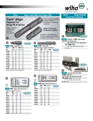 9
Wiha

Align Insert Bits and Power Bits
Impact resistant modified
chrome-vanadiummolybdenum, tool steel,
hardened

Torx® Align
Tapered For
Snug Fit In Screw
Highly resistant
to wear and
tear for a
long tool life

Wiha
Align Coated
Insert Bits PokitPak

Made in Germany Production Quality
Suitable for all applications
for both manual and machine
Hardness HRC 59-61

SHOP
Align Bits, 1/4”
715
Item					
No.
Size 	 mm	 pkg.	 lbs.	
71536	
T6	 25	 10	 .12	
71537	
T7	 25	 10	 .12	
71538	
T8	 25	 10	 .12	
71539	
T9	 25	 10	 .12	
71541	
T10	 25	 10	 .12	
71542	
T15	 25	 10	 .12	
71543	
T20	 25	 10	 .12	
71544	
T25	 25	 10	 .13	
71545	
T27	 25	 10	 .13	
71546	
T30	 25	 10	 .14	
71547	
T40	 25	 10	 .15	
(Also Known As Torx Wedge Fit)

Align Bits
747
1/4” Hex Drive, Length 2.0”/50mm
Item					
SHOP
No.	
Size	 mm	 pkg.	 lbs.	
74711	
T6	 50	 10	 .18	
74714	
T7	 50	 10	 .18	
74717	
T8	 50	 10	 .18	
74721	
T9	 50	 10	 .18	
74724	
T10	 50	 10	 .18	
74728	
T15	 50	 10	 .20	
74732	
T20	 50	 10	 .22	
74736	
T25	 50	 10	 .22	
74739	
T27	 50	 10	 .22	
74742	
T30	 50	 10	 .22	
(Also Known As Torx Wedge Fit)

SHOP
Align Coated
79283 PokitPak Insert Bits In Molded Case 	
Set Includes 6 - 1/4” Insert Bits
	
Align:
	
T10, T15, T20, T25, T30, T40
	
lbs. .12

SHOP

74981

Power Bit Belt Pack With
Align Bits
Set includes the following 10 bits:		
	
Align: T6, T7, T8, T9, 			
T10, T15, T20, T25, T27, T30 			
	
	
lbs. .28	
	

2 bit
pack
2 bit
pack
733

Align Insert Bit Packs, 1”

CVM S2 modified tool steel
Item
No.	
Size	 mm 	 lbs.	
73310	
T6	
25	
.03	
73311	
T7	
25	
.03	
73312	
T8	
25	
.03	
73313	
T9	
25	
.03	
73314	
T10	 25	
.03	
73315	
T15	 25	
.03	
73316	
T20	 25	
.03	
73317	
T25	 25	
.03	
73318	
T27	 25	
.03	
73319	
T30	 25	
.03	
73320	
T40	 25	
.04	

SHOP

747
Item
No.	
74760	
74761	
74762	
74763	
74764	
74765	
74766	
74767	
74768	
74769	

Align Power Bit Packs, 2”
Size	
T6	
T7	
T8	
T9	
T10	
T15	
T20	
T25	
T27	
T30	

mm	
50	
50	
50	
50	
50	
50	
50	
50	
50	
50	

SHOP

lbs.	
.05	
.05	
.05	
.05	
.05	
.05	
.06	
.06		
.06	
.06	

 