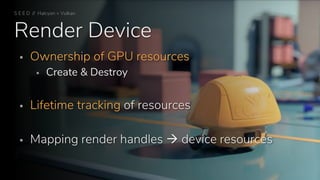Render Device
S E E D // Halcyon + Vulkan
 Ownership of GPU resources
 Create & Destroy
 Lifetime tracking of resources
 Mapping render handles  device resources
 