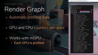 Render Graph
 Automatic profiling data
 GPU and CPU counters per-pass
 Works with mGPU
 Each GPU is profiled
S E E D // Halcyon + Vulkan
 