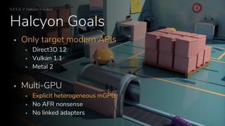 Halcyon Goals
 Only target modern APIs
 Direct3D 12
 Vulkan 1.1
 Metal 2
 Multi-GPU
 Explicit heterogeneous mGPU
 No AFR nonsense
 No linked adapters
S E E D // Halcyon + Vulkan
 