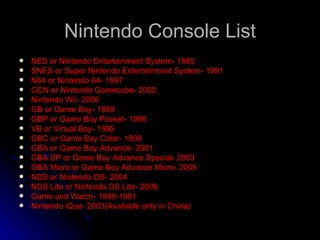 Nintendo Console List <ul><li>NES or Nintendo Entertainment System- 1985 </li></ul><ul><li>SNES or Super Nintendo Entertai...
