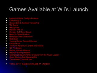 Games Available at Wii’s Launch <ul><li>Legend of Zelda: Twilight Princess </li></ul><ul><li>Call of Duty 3 </li></ul><ul>...