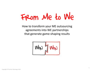 How to transform your ME outsourcing
agreements into WE partnerships
that generate game-shaping results
1
Copyright © The Aha! Advantage 2016
From Me to We
 