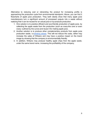 8
Alternative to reducing cost or rebranding the product for increasing profits is
approaching the production cycle from environmental standpoint. Above, you can find 2
flowcharts of apple juice production. They both clearly show that many apple juice
manufacturers turn a significant amount of processed outputs into a waste without
realizing that it can be reused for an actual juice or by-products production.
1. One solution is to practice efficient and eco-friendly production of apple juice, by
collecting the apple waste from the production (such as ovary-the core or even
ovary- outlined by the curve) and reuse it for making apple juice.
2. Another solution is to produce other complementary products from apple juice
production waste, i.e.drinking straws. This will not reduce the costs, rather may
increase the sales of Wiikano and may have a positive impact on the brand
image by showing that the company is environmentally friendly.
3. In addition, Wiikano may produce healthy apple chips from the apple waste,
under the same brand name, increasing the profitability of the company.
 