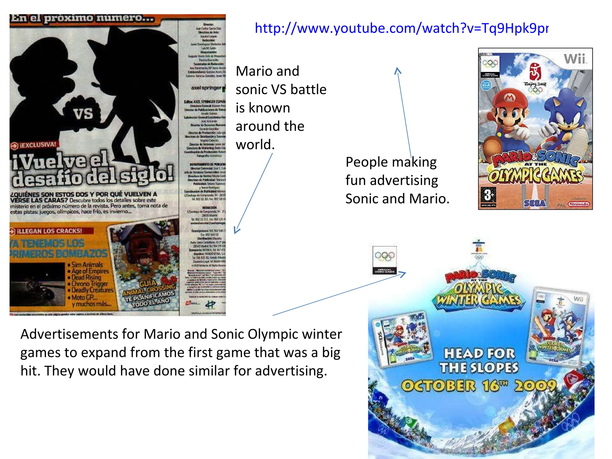 http://www.youtube.com/watch?v=Tq9Hpk9pneQ&feature=player_embedded People making fun advertising Sonic and Mario. Mario and sonic VS battle is known around the world. Advertisements for Mario and Sonic Olympic winter games to expand from the first game that was a big hit. They would have done similar for advertising. 