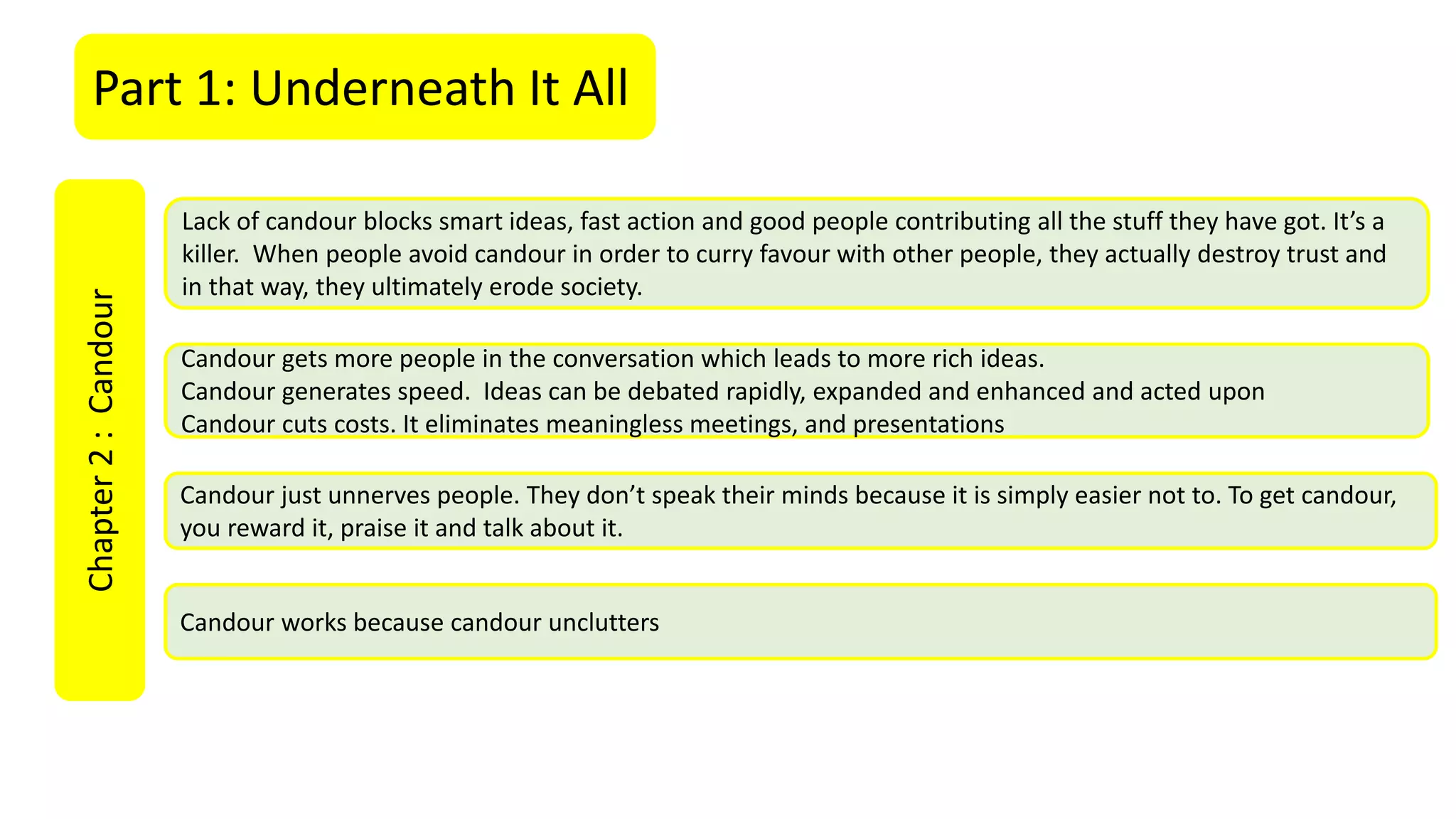 Part 1: Underneath It AllChapter2:Candour
Lack of candour blocks smart ideas, fast action and good people contributing all the stuff they have got. It’s a
killer. When people avoid candour in order to curry favour with other people, they actually destroy trust and
in that way, they ultimately erode society.
Candour gets more people in the conversation which leads to more rich ideas.
Candour generates speed. Ideas can be debated rapidly, expanded and enhanced and acted upon
Candour cuts costs. It eliminates meaningless meetings, and presentations
Candour just unnerves people. They don’t speak their minds because it is simply easier not to. To get candour,
you reward it, praise it and talk about it.
Candour works because candour unclutters
 