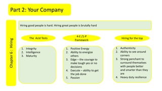 Part 2: Your CompanyChapter6:Hiring
Hiring good people is hard. Hiring great people is brutally hard
1. Integrity
2. Intelligence
3. Maturity
1. Positive Energy
2. Ability to energize
others
3. Edge – the courage to
make tough yes or no
decisions
4. Execute – ability to get
the job done
5. Passion
The Acid Tests
4-E /1-P
framework
1. Authenticity
2. Ability to see around
corners
3. Strong penchant to
surround themselves
with people better
and smarter than they
are
4. Heavy duty resilience
Hiring for the top
 