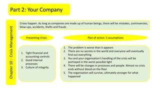 Part 2: Your CompanyChapter10:CrisisManagement
Crises happen. As long as companies are made up of human beings, there will be mistakes, controversies,
blow-ups, accidents, thefts and frauds
1. Tight financial and
accounting controls
2. Good internal
processes
3. Culture of integrity
1. The problem is worse than it appears
2. There are no secrets in the world and everyone will eventually
find out everything
3. You and your organisation’s handling of the crisis will be
portrayed in the worst possible light
4. There will be changes in processes and people. Almost no crisis
ends without blood on the floor
5. The organisation will survive, ultimately stronger for what
happened
Plan of action: 5 assumptionsPreventing crises
 