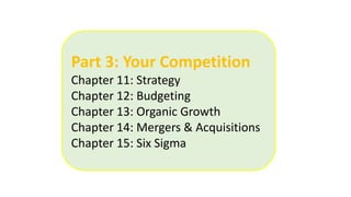 Part 3: Your Competition
Chapter 11: Strategy
Chapter 12: Budgeting
Chapter 13: Organic Growth
Chapter 14: Mergers & Acquisitions
Chapter 15: Six Sigma
 