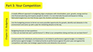 Part 3: Your CompetitionChapter12:Budgeting
A totally different approach to budgeting aligns employees with shareholders, puts growth, energy and fun
into financial planning and inspires people to stretch. It is not internally focused and based on hitting
fabricated targets but one that throws open the shutters and looks outside
Budgeting focuses on two questions:
1. How can we beat last year’s performance? 2. What is our competition doing and how can we beat them?
Compensation for individuals and businesses is not linked to performance against budget. It is linked to
performance against budget. It is linked primarily to performance against the prior year and against the
competition and takes real strategic opportunities and obstacles into account
Use the budgeting process to ferret out every possible opportunity for growth, identify real obstacles in the
environment and come up with a plan for stretching dreams to the sky.
 