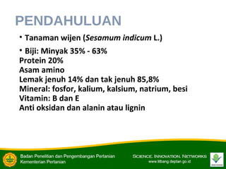 PENDAHULUAN
• Tanaman wijen (Sesamum indicum L.)
• Biji: Minyak 35% - 63%
Protein 20%
Asam amino
Lemak jenuh 14% dan tak jenuh 85,8%
Mineral: fosfor, kalium, kalsium, natrium, besi
Vitamin: B dan E
Anti oksidan dan alanin atau lignin
 