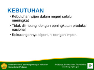 KEBUTUHAN
• Kebutuhan wijen dalam negeri selalu
meningkat
• Tidak diimbangi dengan peningkatan produksi
nasional
• Kekurangannya dipenuhi dengan impor.
 