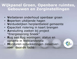 Wijkpanel Groen, Openbare ruimtes, 
Gebouwen en Zorginstellingen 
• Verbeteren onderhoud openbaar groen 
• Beperken uitdijende hagen 
• Verduidelijken herplantbeleid gemeente 
• Capaciteit riolering in kaart brengen 
• Aansluiting zoeken bij project 
“Energiesprong Sneek” 
• Rug aan Rug woningen: status en 
opname in Welstandsnota 
• Monitoren ontwikkelingen ziekenver-voer 
door de lucht 
 