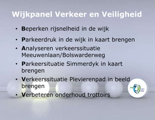 Wijkpanel Verkeer en Veiligheid 
• Beperken rijsnelheid in de wijk 
• Parkeerdruk in de wijk in kaart brengen 
• Analyseren verkeerssituatie 
Meeuwenlaan/Bolswarderweg 
• Parkeersituatie Simmerdyk in kaart 
brengen 
• Verkeerssituatie Plevierenpad in beeld 
brengen 
• Verbeteren onderhoud trottoirs 
 