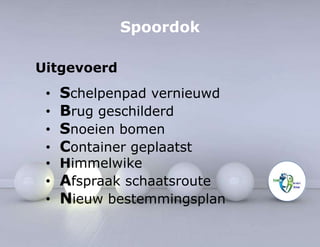 Spoordok 
Uitgevoerd 
• Schelpenpad vernieuwd 
• Brug geschilderd 
• Snoeien bomen 
• Container geplaatst 
• Himmelwike 
• Afspraak schaatsroute 
• Nieuw bestemmingsplan 
 