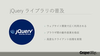 jQuery ライブラリの普及
➢ ウェブサイト開発で広く利用される
➢ ブラウザ間の動作差異を吸収
➢ 高度なクライアント処理を実現
 