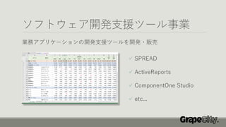 ソフトウェア開発支援ツール事業
業務アプリケーションの開発支援ツールを開発・販売
✓ SPREAD
✓ ActiveReports
✓ ComponentOne Studio
✓ etc...
 