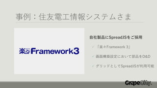 事例：住友電工情報システムさま
自社製品にSpreadJSをご採用
✓ 「楽々Framework 3」
✓ 画面構築設定において部品をD&D
✓ グリッドとしてSpreadJSが利用可能
 