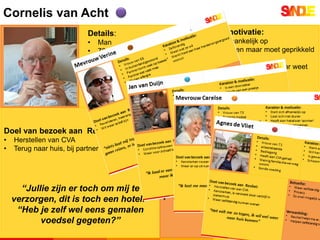 Cornelis van Acht
“Jullie zijn er toch om mij te
verzorgen, dit is toch een hotel!”
“Heb je zelf wel eens gemalen
voedsel gegeten?”
Karakter & motivatie:
• Stelt zich afhankelijk op
• Wil wel oefenen maar moet geprikkeld
worden
• Wil naar huis en oefenen maar weet
niet hoe
• Is snel vermoeid
Doel van bezoek aan Revitel:
• Herstellen van CVA
• Terug naar huis, bij partner
Behoefte:
• Behoefte aan extra aandacht
• Een praatje maken met medewerkers of
vrijwilligers
• Rustige omgeving om te eten
• Duidelijke structuur
Verwachting:
• Hulp krijgen bij het eten.
• Gemalen eten is niet te pruimen
Details:
• Man
• 78 jaar oud
• CVA-rechts, gemalen eten
• Rolstoelgebonden, Niet
zelfstandig mobiel
• Kan niet zelfstandig
beslissingen nemen
• Ondervoed bij opname
 