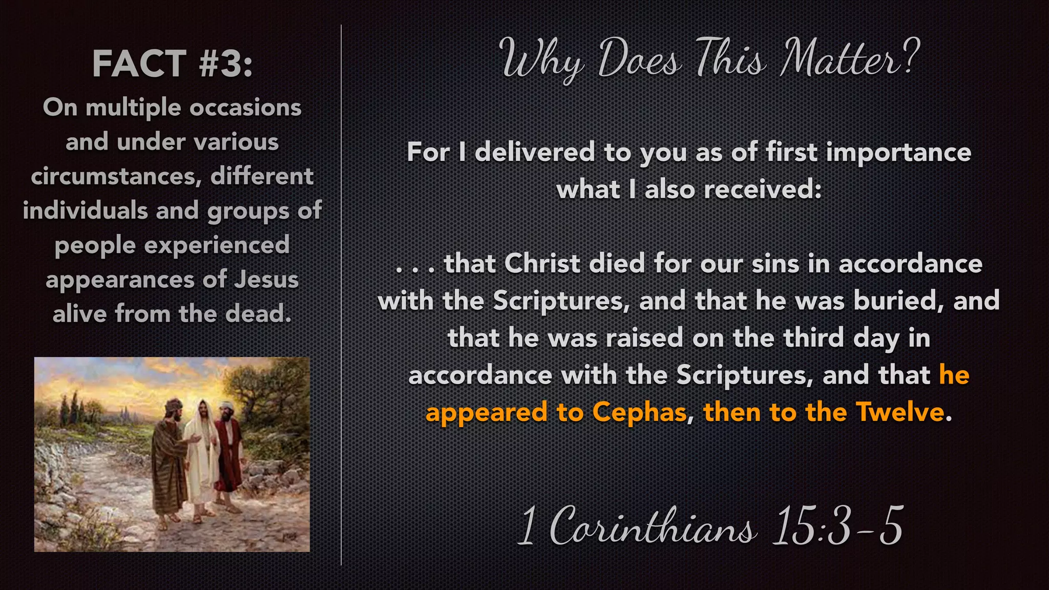 Why Does This Matter?
For I delivered to you as of ﬁrst importance
what I also received:
. . . that Christ died for our sins in accordance
with the Scriptures, and that he was buried, and
that he was raised on the third day in
accordance with the Scriptures, and that he
appeared to Cephas, then to the Twelve.
1 Corinthians 15:3-5
FACT #3:
On multiple occasions
and under various
circumstances, different
individuals and groups of
people experienced
appearances of Jesus
alive from the dead.
 