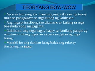 TEORYANG BOW-WOW
Ayon sa teoryang ito, maaaring ang wika raw ng tao ay
mula sa panggagaya sa mga tunog ng kalikasan.
Ang mga primitibong tao diumano ay kulang sa mga
bokabularyong magagamit.
Dahil dito, ang mga bagay-bagay sa kanilang paligid ay
natutunan nilang tagurian sa pamamagitan ng mga
tunog.
Marahil ito ang dahilan kung bakit ang tuko ay
tinatawag na tuko.
 