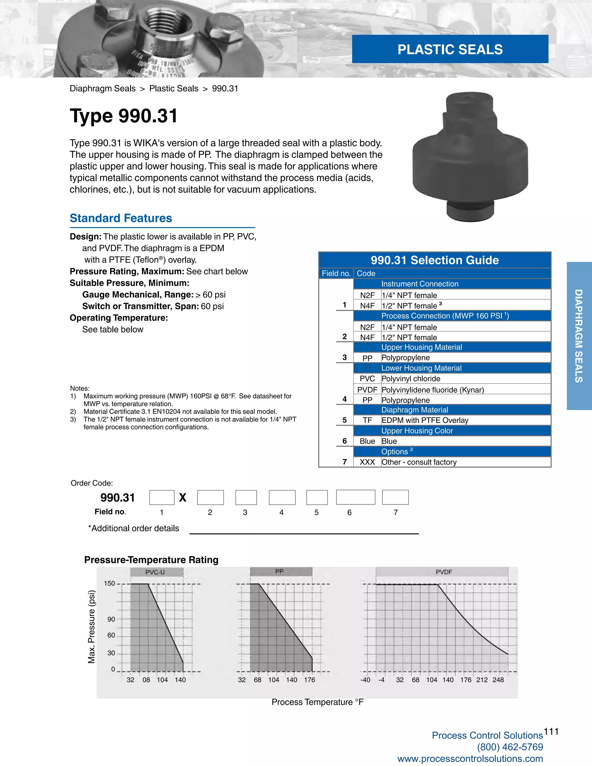 111
DIAPHRAGMSEALS
Diaphragm Seals > Plastic Seals > 990.31
Type 990.31
Standard Features
Design: The plastic lower is available in PP, PVC, 		
and PVDF.The diaphragm is a EPDM
	 with a PTFE (Teflon®
) overlay.
Pressure Rating, Maximum: See chart below
Suitable Pressure, Minimum: 	
Gauge Mechanical, Range: > 60 psi
	 Switch or Transmitter, Span: 60 psi
Operating Temperature: 	
See table below
Type 990.31 is WIKA's version of a large threaded seal with a plastic body.
The upper housing is made of PP. The diaphragm is clamped between the
plastic upper and lower housing.This seal is made for applications where
typical metallic components cannot withstand the process media (acids,
chlorines, etc.), but is not suitable for vacuum applications.
Notes:
1) 	 Maximum working pressure (MWP) 160PSI @ 68°F. See datasheet for	
MWP vs. temperature relation.
2)	 Material Certificate 3.1 EN10204 not available for this seal model.
3)	 The 1/2" NPT female instrument connection is not available for 1/4" NPT	
female process connection configurations.
150	
90
60
30
0
32 68 104 140 176 -40 -4 32 68 104 140 176 212 248
Max.Pressure(psi)
Pressure-Temperature Rating
32 08 104 140
Process Temperature °F
*Additional order details
PLASTIC SEALS
Order Code:
990.31 Selection Guide
Field no. Code
Instrument Connection
N2F 1/4" NPT female
1 N4F 1/2" NPT female ³
Process Connection (MWP 160 PSI ¹)
N2F 1/4" NPT female
2 N4F 1/2" NPT female
Upper Housing Material
3 PP Polypropylene
Lower Housing Material
PVC Polyvinyl chloride
PVDF Polyvinylidene fluoride (Kynar)
4 PP Polypropylene
Diaphragm Material
5 TF EDPM with PTFE Overlay
Upper Housing Color
6 Blue Blue
Options ²
7 XXX Other - consult factory
990.31 X
1 2 3 4 5 6Field no. 7
Process Control Solutions
(800) 462-5769
www.processcontrolsolutions.com
 