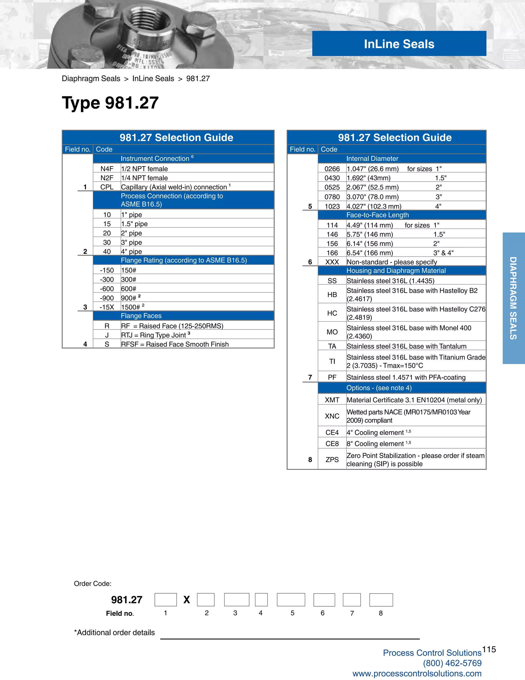 115
DIAPHRAGMSEALS
Diaphragm Seals > InLine Seals > 981.27
Type 981.27
*Additional order details
InLine Seals
Order Code:
981.27 Selection Guide
Field no. Code
Instrument Connection ⁶
N4F 1/2 NPT female
N2F 1/4 NPT female
1 CPL Capillary (Axial weld-in) connection ¹
Process Connection (according to
ASME B16.5)
10 1" pipe
15 1.5" pipe
20 2" pipe
30 3" pipe
2 40 4" pipe
Flange Rating (according to ASME B16.5)
-150 150#
-300 300#
-600 600#
-900 900# ²
3 -15X 1500# ²
Flange Faces
R RF = Raised Face (125-250RMS)
J RTJ = Ring Type Joint ³
4 S RFSF = Raised Face Smooth Finish
981.27 Selection Guide
Field no. Code
Internal Diameter
0266 1.047" (26.6 mm) for sizes 1"
0430 1.692" (43mm) 1.5"
0525 2.067" (52.5 mm) 2"
0780 3.070" (78.0 mm) 3"
5 1023 4.027" (102.3 mm) 4"
Face-to-Face Length
114 4.49" (114 mm) for sizes 1"
146 5.75" (146 mm) 1.5"
156 6.14" (156 mm) 2"
166 6.54" (166 mm) 3" & 4"
6 XXX Non-standard - please specify
Housing and Diaphragm Material
SS Stainless steel 316L (1.4435)
HB
Stainless steel 316L base with Hastelloy B2
(2.4617)
HC
Stainless steel 316L base with Hastelloy C276
(2.4819)
MO
Stainless steel 316L base with Monel 400
(2.4360)
TA Stainless steel 316L base with Tantalum
TI
Stainless steel 316L base with Titanium Grade
2 (3.7035) - Tmax=150°C
7 PF Stainless steel 1.4571 with PFA-coating
Options - (see note 4)
XMT Material Certificate 3.1 EN10204 (metal only)
XNC
Wetted parts NACE (MR0175/MR0103Year
2009) compliant
CE4 4" Cooling element 1,5
CE8 8" Cooling element 1,5
8 ZPS
Zero Point Stabilization - please order if steam
cleaning (SIP) is possible
981.27 X
1 2 3 4 5 6 7 8Field no.
Process Control Solutions
(800) 462-5769
www.processcontrolsolutions.com
 