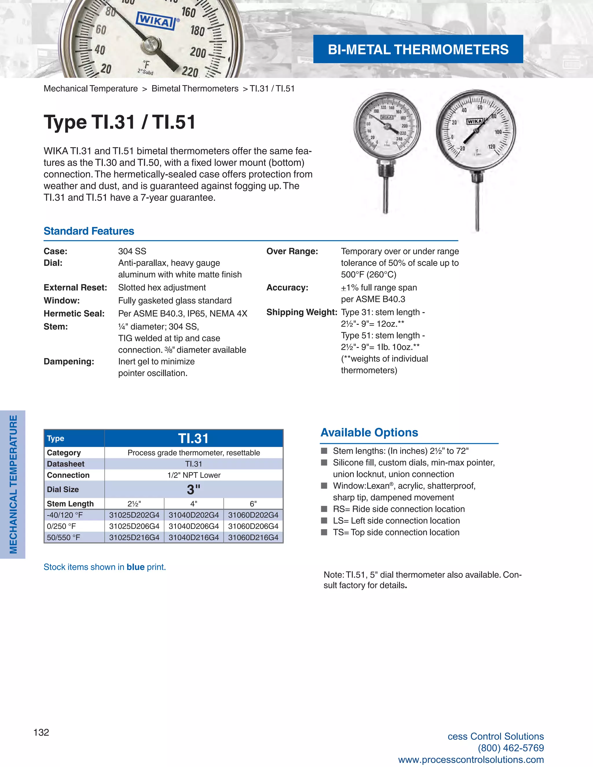 132
MECHANICALTEMPERATURE
Standard Features
Mechanical Temperature > Bimetal Thermometers > TI.31 / TI.51
Type TI.31 / TI.51
WIKA TI.31 and TI.51 bimetal thermometers offer the same fea-
tures as the TI.30 and TI.50, with a fixed lower mount (bottom)
connection.The hermetically-sealed case offers protection from
weather and dust, and is guaranteed against fogging up.The
TI.31 and TI.51 have a 7-year guarantee.
Available Options
■	 Stem lengths: (In inches) 2½” to 72"
■	 Silicone fill, custom dials, min-max pointer,		
union locknut, union connection
■	 Window:Lexan®
, acrylic, shatterproof,	
sharp tip, dampened movement
■	 RS= Ride side connection location
■	 LS= Left side connection location
■	 TS= Top side connection location
Case: 	 304 SS
Dial: 	 Anti-parallax, heavy gauge 		
aluminum with white matte finish
External Reset: 	 Slotted hex adjustment
Window: 	 Fully gasketed glass standard
Hermetic Seal: 	 Per ASME B40.3, IP65, NEMA 4X
Stem: 	 ¼" diameter; 304 SS, 			
TIG welded at tip and case 		
connection. 3/8" diameter available
Dampening: 	 Inert gel to minimize 			
pointer oscillation.
Note:TI.51, 5" dial thermometer also available. Con-
sult factory for details.
Type TI.31
Category Process grade thermometer, resettable
Datasheet TI.31
Connection 1/2" NPT Lower
Dial Size 3"
Stem Length 2½" 4" 6"
-40/120 °F 31025D202G4 31040D202G4 31060D202G4
0/250 °F 31025D206G4 31040D206G4 31060D206G4
50/550 °F 31025D216G4 31040D216G4 31060D216G4
Over Range: 	 Temporary over or under range 		
tolerance of 50% of scale up to 		
500°F (260°C)
Accuracy: 	 +1% full range span	
per ASME B40.3
Shipping Weight:	 Type 31: stem length - 	
2½"- 9"= 12oz.**	
Type 51: stem length - 	
2½"- 9"= 1lb. 10oz.**	
(**weights of individual 	
thermometers)
Stock items shown in blue print.
BI-METAL THERMOMETERS
cess Control Solutions
(800) 462-5769
www.processcontrolsolutions.com
 