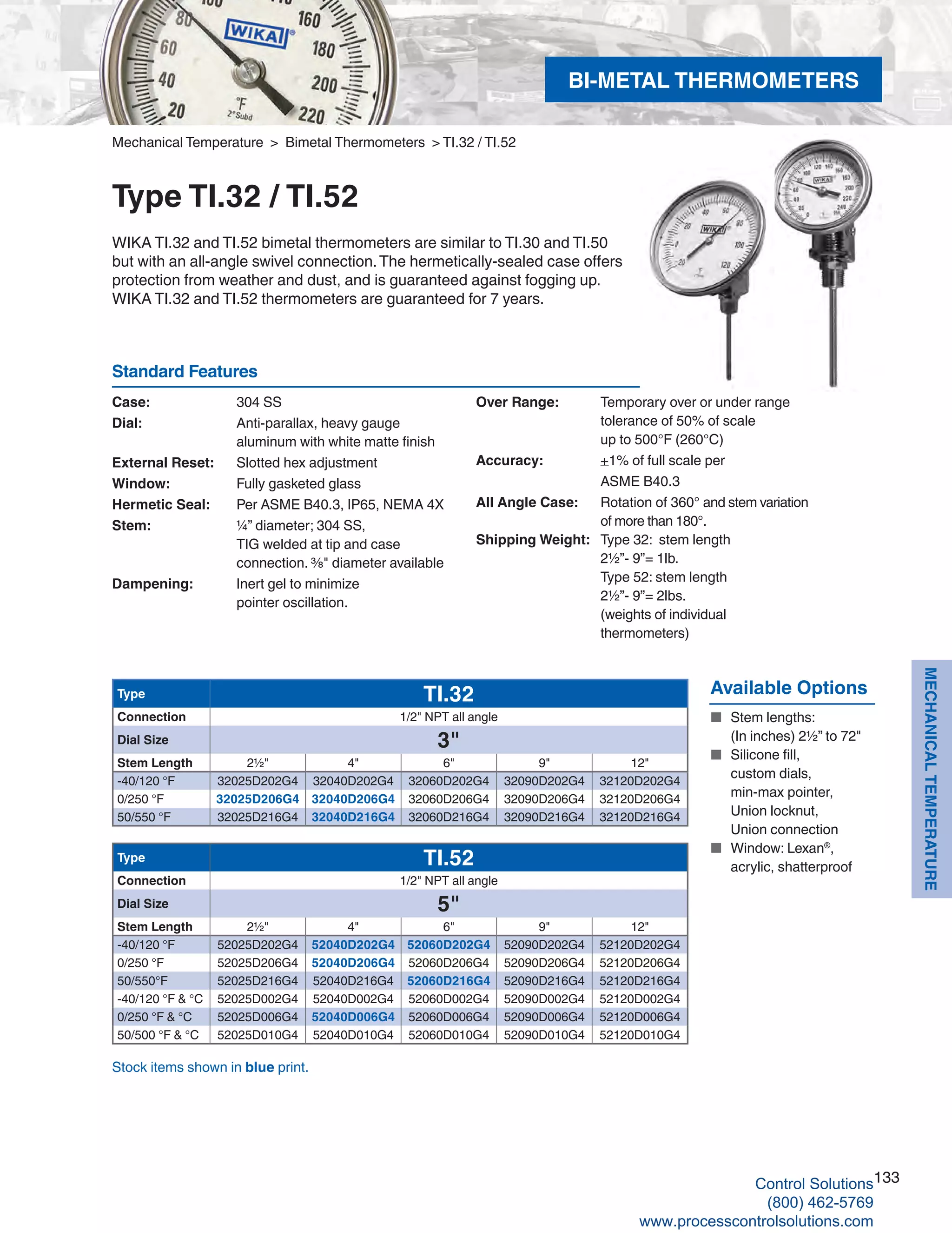133
MECHANICALTEMPERATURE
Mechanical Temperature > Bimetal Thermometers > TI.32 / TI.52
Type TI.32 / TI.52
WIKA TI.32 and TI.52 bimetal thermometers are similar to TI.30 and TI.50
but with an all-angle swivel connection.The hermetically-sealed case offers
protection from weather and dust, and is guaranteed against fogging up.
WIKA TI.32 and TI.52 thermometers are guaranteed for 7 years.
Case: 	 304 SS
Dial: 	 Anti-parallax, heavy gauge 		
aluminum with white matte finish
External Reset: 	 Slotted hex adjustment
Window: 	 Fully gasketed glass
Hermetic Seal: 	 Per ASME B40.3, IP65, NEMA 4X
Stem: 	 ¼” diameter; 304 SS, 	
TIG welded at tip and case 	
connection. ⅜" diameter available
Dampening: 	 Inert gel to minimize 			
pointer oscillation.
Over Range: 	 Temporary over or under range 		
tolerance of 50% of scale 			
up to 500°F (260°C)
Accuracy: 	 +1% of full scale per	
ASME B40.3
All Angle Case: 	 Rotation of 360° and stem variation 	
of more than 180°.
Shipping Weight:	 Type 32: stem length 	
2½”- 9”= 1lb.	
Type 52: stem length 	
2½”- 9”= 2lbs.	
(weights of individual 	
thermometers)
Standard Features
Type TI.32
Connection 1/2" NPT all angle
Dial Size 3"
Stem Length 2½" 4" 6" 9" 12"
-40/120 °F 32025D202G4 32040D202G4 32060D202G4 32090D202G4 32120D202G4
0/250 °F 32025D206G4 32040D206G4 32060D206G4 32090D206G4 32120D206G4
50/550 °F 32025D216G4 32040D216G4 32060D216G4 32090D216G4 32120D216G4
Type TI.52
Connection 1/2" NPT all angle
Dial Size 5"
Stem Length 2½" 4" 6" 9" 12"
-40/120 °F 52025D202G4 52040D202G4 52060D202G4 52090D202G4 52120D202G4
0/250 °F 52025D206G4 52040D206G4 52060D206G4 52090D206G4 52120D206G4
50/550°F 52025D216G4 52040D216G4 52060D216G4 52090D216G4 52120D216G4
-40/120 °F & °C 52025D002G4 52040D002G4 52060D002G4 52090D002G4 52120D002G4
0/250 °F & °C 52025D006G4 52040D006G4 52060D006G4 52090D006G4 52120D006G4
50/500 °F & °C 52025D010G4 52040D010G4 52060D010G4 52090D010G4 52120D010G4
Available Options
■	 Stem lengths: 	
(In inches) 2½” to 72"
■	 Silicone fill,	
custom dials,	
min-max pointer,		
Union locknut,	
Union connection
■	 Window: Lexan®
,		
acrylic, shatterproof
Stock items shown in blue print.
BI-METAL THERMOMETERS
Control Solutions
(800) 462-5769
www.processcontrolsolutions.com
 
