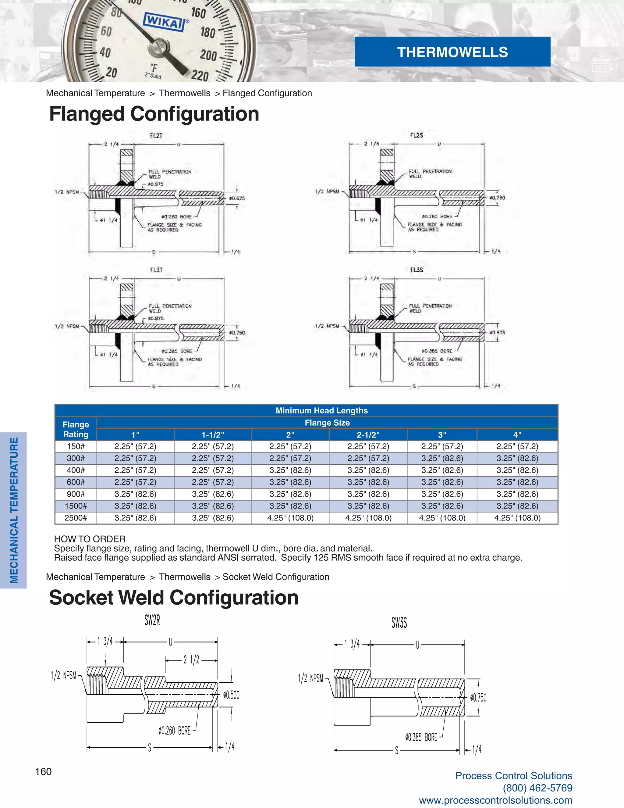 160
MECHANICALTEMPERATURE
Mechanical Temperature > Thermowells > Socket Weld Configuration
Socket Weld Configuration
HOW TO ORDER
Specify flange size, rating and facing, thermowell U dim., bore dia. and material.
Raised face flange supplied as standard ANSI serrated. Specify 125 RMS smooth face if required at no extra charge.
Mechanical Temperature > Thermowells > Flanged Configuration
Flanged Configuration
THERMOWELLS
Minimum Head Lengths
Flange
Rating
Flange Size
1" 1-1/2" 2" 2-1/2" 3" 4"
150# 2.25" (57.2) 2.25" (57.2) 2.25" (57.2) 2.25" (57.2) 2.25" (57.2) 2.25" (57.2)
300# 2.25" (57.2) 2.25" (57.2) 2.25" (57.2) 2.25" (57.2) 3.25" (82.6) 3.25" (82.6)
400# 2.25" (57.2) 2.25" (57.2) 3.25" (82.6) 3.25" (82.6) 3.25" (82.6) 3.25" (82.6)
600# 2.25" (57.2) 2.25" (57.2) 3.25" (82.6) 3.25" (82.6) 3.25" (82.6) 3.25" (82.6)
900# 3.25" (82.6) 3.25" (82.6) 3.25" (82.6) 3.25" (82.6) 3.25" (82.6) 3.25" (82.6)
1500# 3.25" (82.6) 3.25" (82.6) 3.25" (82.6) 3.25" (82.6) 3.25" (82.6) 3.25" (82.6)
2500# 3.25" (82.6) 3.25" (82.6) 4.25" (108.0) 4.25" (108.0) 4.25" (108.0) 4.25" (108.0)
Process Control Solutions
(800) 462-5769
www.processcontrolsolutions.com
 