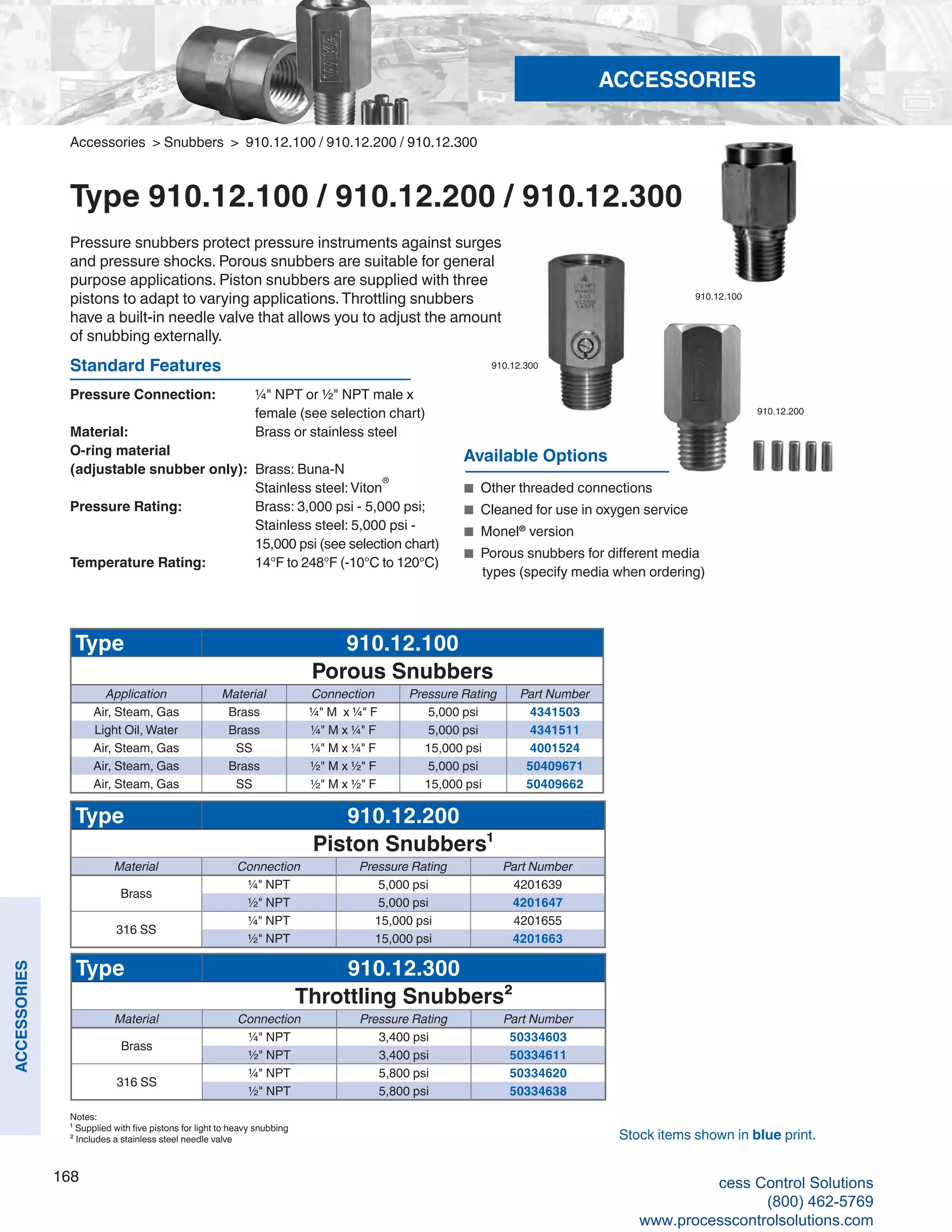 168
ACCESSORIES
Accessories > Snubbers > 910.12.100 / 910.12.200 / 910.12.300
Type 910.12.100 / 910.12.200 / 910.12.300
Pressure snubbers protect pressure instruments against surges
and pressure shocks. Porous snubbers are suitable for general
purpose applications. Piston snubbers are supplied with three
pistons to adapt to varying applications.Throttling snubbers
have a built-in needle valve that allows you to adjust the amount
of snubbing externally.
Standard Features
Pressure Connection: 	 ¼" NPT or ½" NPT male x 		
female (see selection chart)
Material: 	 Brass or stainless steel
O-ring material
(adjustable snubber only):	 Brass: Buna-N	
Stainless steel:Viton
®
Pressure Rating: 	 Brass: 3,000 psi - 5,000 psi; 	
Stainless steel: 5,000 psi - 		
15,000 psi (see selection chart)
Temperature Rating:	 14°F to 248°F (-10°C to 120°C)
Available Options
■	 Other threaded connections
■	 Cleaned for use in oxygen service
■	 Monel®
version
■	 Porous snubbers for different media
types (specify media when ordering)
Type 910.12.100
Porous Snubbers
Application Material Connection Pressure Rating Part Number
Air, Steam, Gas Brass ¼" M x ¼" F 5,000 psi 4341503
Light Oil, Water Brass ¼" M x ¼" F 5,000 psi 4341511
Air, Steam, Gas SS ¼" M x ¼" F 15,000 psi 4001524
Air, Steam, Gas Brass ½" M x ½" F 5,000 psi 50409671
Air, Steam, Gas SS ½" M x ½" F 15,000 psi 50409662
Type 910.12.200
Piston Snubbers¹
Material Connection Pressure Rating Part Number
Brass
¼" NPT 5,000 psi 4201639
½" NPT 5,000 psi 4201647
316 SS
¼" NPT 15,000 psi 4201655
½" NPT 15,000 psi 4201663
Type 910.12.300
Throttling Snubbers²
Material Connection Pressure Rating Part Number
Brass
¼" NPT 3,400 psi 50334603
½" NPT 3,400 psi 50334611
316 SS
¼" NPT 5,800 psi 50334620
½" NPT 5,800 psi 50334638
910.12.100
910.12.200
910.12.300
Stock items shown in blue print.
ACCESSORIES
Notes:
¹ Supplied with five pistons for light to heavy snubbing
² Includes a stainless steel needle valve
cess Control Solutions
(800) 462-5769
www.processcontrolsolutions.com
 