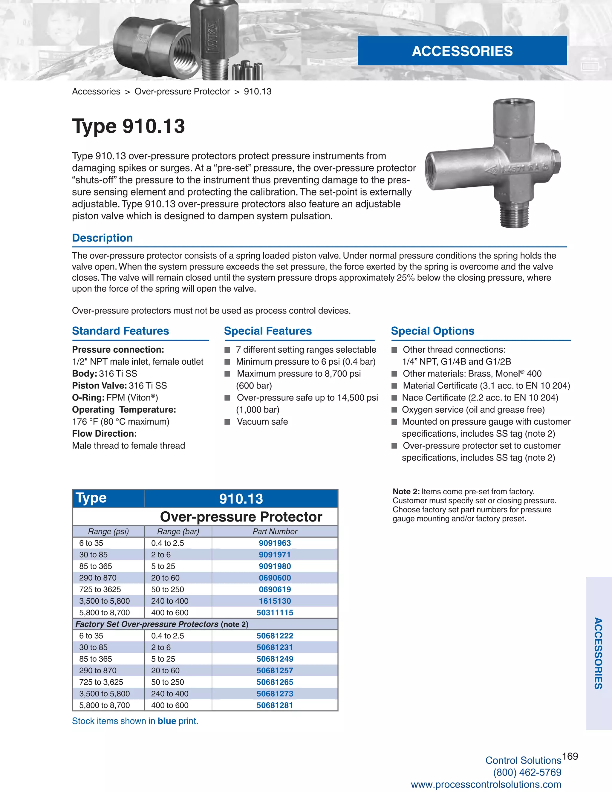 169
ACCESSORIES
Accessories > Over-pressure Protector > 910.13
Type 910.13
Type 910.13 over-pressure protectors protect pressure instruments from
damaging spikes or surges. At a “pre-set” pressure, the over-pressure protector
“shuts-off” the pressure to the instrument thus preventing damage to the pres-
sure sensing element and protecting the calibration.The set-point is externally
adjustable.Type 910.13 over-pressure protectors also feature an adjustable
piston valve which is designed to dampen system pulsation.
Special Options
■	 Other thread connections: 	
1/4” NPT, G1/4B and G1/2B
■	 Other materials: Brass, Monel®
400
■	 Material Certificate (3.1 acc. to EN 10 204)
■	 Nace Certificate (2.2 acc. to EN 10 204)
■	 Oxygen service (oil and grease free)
■	 Mounted on pressure gauge with customer	
specifications, includes SS tag (note 2)
■	 Over-pressure protector set to customer	
specifications, includes SS tag (note 2)
Description
The over-pressure protector consists of a spring loaded piston valve. Under normal pressure conditions the spring holds the
valve open.When the system pressure exceeds the set pressure, the force exerted by the spring is overcome and the valve
closes.The valve will remain closed until the system pressure drops approximately 25% below the closing pressure, where
upon the force of the spring will open the valve.
Over-pressure protectors must not be used as process control devices.
Standard Features
Pressure connection:
1/2" NPT male inlet, female outlet
Body: 316 Ti SS
Piston Valve: 316 Ti SS
O-Ring: FPM (Viton®
)
Operating Temperature:
176 °F (80 °C maximum)
Flow Direction:
Male thread to female thread
Type 910.13
Over-pressure Protector
Range (psi) Range (bar) Part Number
6 to 35 0.4 to 2.5 9091963
30 to 85 2 to 6 9091971
85 to 365 5 to 25 9091980
290 to 870 20 to 60 0690600
725 to 3625 50 to 250 0690619
3,500 to 5,800 240 to 400 1615130
5,800 to 8,700 400 to 600 50311115
Factory Set Over-pressure Protectors (note 2)
6 to 35 0.4 to 2.5 50681222
30 to 85 2 to 6 50681231
85 to 365 5 to 25 50681249
290 to 870 20 to 60 50681257
725 to 3,625 50 to 250 50681265
3,500 to 5,800 240 to 400 50681273
5,800 to 8,700 400 to 600 50681281
Special Features
■	 7 different setting ranges selectable
■	 Minimum pressure to 6 psi (0.4 bar)
■	 Maximum pressure to 8,700 psi	
(600 bar)
■	 Over-pressure safe up to 14,500 psi	
(1,000 bar)
■	 Vacuum safe
Stock items shown in blue print.
Note 2: Items come pre-set from factory.
Customer must specify set or closing pressure.
Choose factory set part numbers for pressure
gauge mounting and/or factory preset.
ACCESSORIES
Control Solutions
(800) 462-5769
www.processcontrolsolutions.com
 