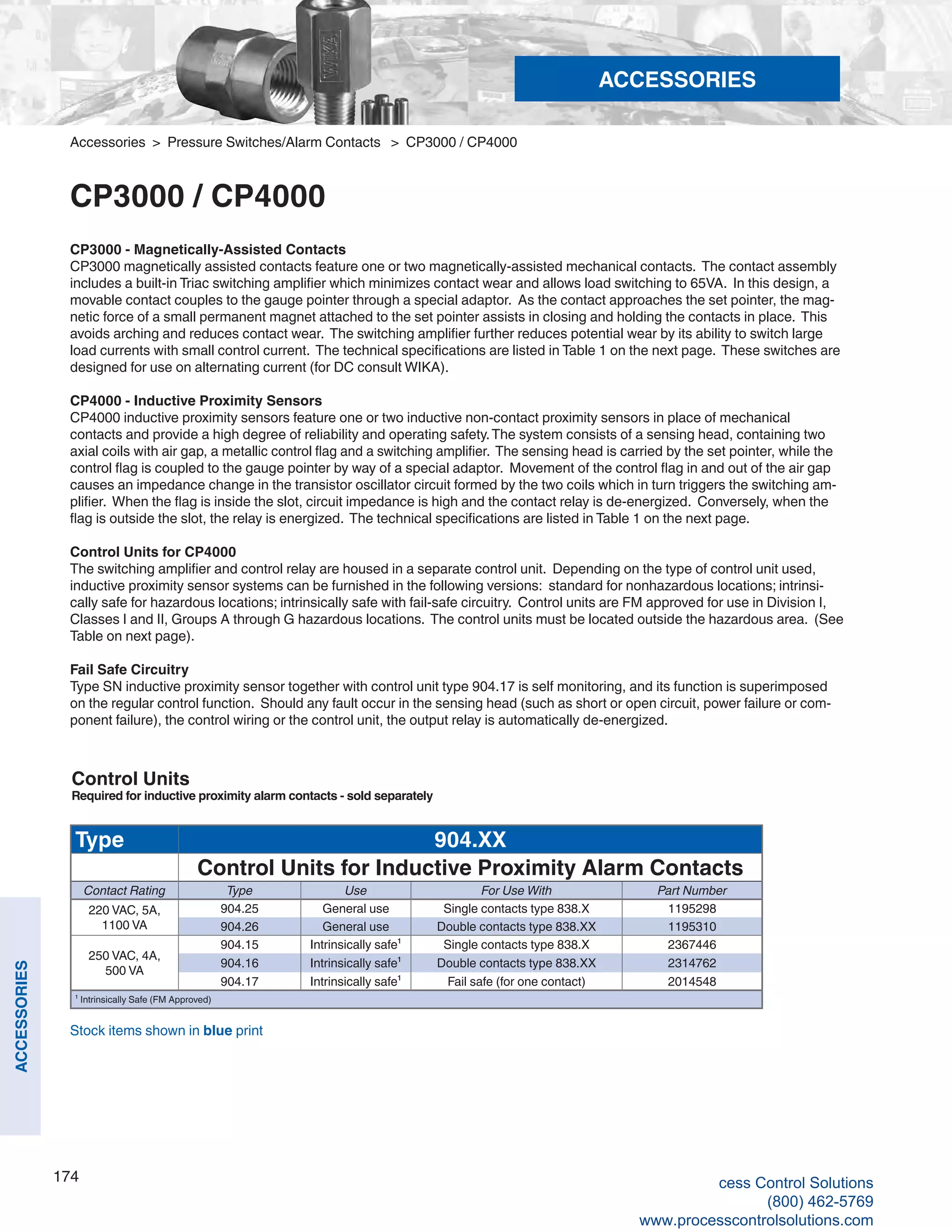 174
ACCESSORIES
CP3000 - Magnetically-Assisted Contacts
CP3000 magnetically assisted contacts feature one or two magnetically-assisted mechanical contacts. The contact assembly
includes a built-in Triac switching amplifier which minimizes contact wear and allows load switching to 65VA. In this design, a
movable contact couples to the gauge pointer through a special adaptor. As the contact approaches the set pointer, the mag-
netic force of a small permanent magnet attached to the set pointer assists in closing and holding the contacts in place. This
avoids arching and reduces contact wear. The switching amplifier further reduces potential wear by its ability to switch large
load currents with small control current. The technical specifications are listed in Table 1 on the next page. These switches are
designed for use on alternating current (for DC consult WIKA).
CP4000 - Inductive Proximity Sensors
CP4000 inductive proximity sensors feature one or two inductive non-contact proximity sensors in place of mechanical
contacts and provide a high degree of reliability and operating safety.The system consists of a sensing head, containing two
axial coils with air gap, a metallic control flag and a switching amplifier. The sensing head is carried by the set pointer, while the
control flag is coupled to the gauge pointer by way of a special adaptor. Movement of the control flag in and out of the air gap
causes an impedance change in the transistor oscillator circuit formed by the two coils which in turn triggers the switching am-
plifier. When the flag is inside the slot, circuit impedance is high and the contact relay is de-energized. Conversely, when the
flag is outside the slot, the relay is energized. The technical specifications are listed in Table 1 on the next page.
Control Units for CP4000
The switching amplifier and control relay are housed in a separate control unit. Depending on the type of control unit used,
inductive proximity sensor systems can be furnished in the following versions: standard for nonhazardous locations; intrinsi-
cally safe for hazardous locations; intrinsically safe with fail-safe circuitry. Control units are FM approved for use in Division I,
Classes I and II, Groups A through G hazardous locations. The control units must be located outside the hazardous area. (See
Table on next page).
Fail Safe Circuitry
Type SN inductive proximity sensor together with control unit type 904.17 is self monitoring, and its function is superimposed
on the regular control function. Should any fault occur in the sensing head (such as short or open circuit, power failure or com-
ponent failure), the control wiring or the control unit, the output relay is automatically de-energized.
Control Units
Required for inductive proximity alarm contacts - sold separately
Type 904.XX
Control Units for Inductive Proximity Alarm Contacts
Contact Rating Type Use For Use With Part Number
220 VAC, 5A,
1100 VA
904.25 General use Single contacts type 838.X 1195298
904.26 General use Double contacts type 838.XX 1195310
250 VAC, 4A,
500 VA
904.15 Intrinsically safe¹ Single contacts type 838.X 2367446
904.16 Intrinsically safe¹ Double contacts type 838.XX 2314762
904.17 Intrinsically safe¹ Fail safe (for one contact) 2014548
¹ Intrinsically Safe (FM Approved)
Accessories > Pressure Switches/Alarm Contacts > CP3000 / CP4000
CP3000 / CP4000
Stock items shown in blue print
ACCESSORIES
cess Control Solutions
(800) 462-5769
www.processcontrolsolutions.com
 