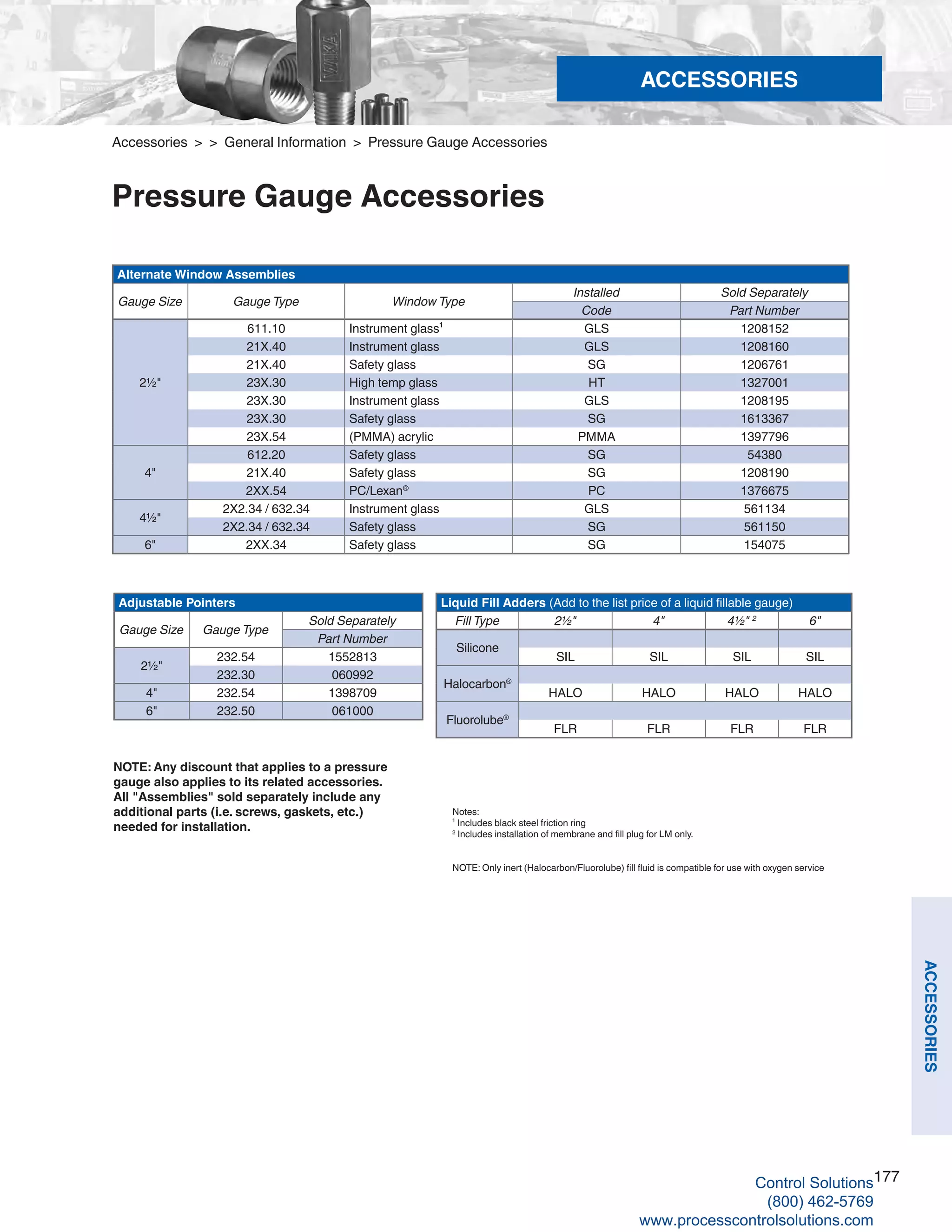 177
ACCESSORIES
Accessories > > General Information > Pressure Gauge Accessories
Pressure Gauge Accessories
Alternate Window Assemblies
Gauge Size Gauge Type Window Type
Installed Sold Separately
Code Part Number
2½"
611.10 Instrument glass¹ GLS 1208152
21X.40 Instrument glass GLS 1208160
21X.40 Safety glass SG 1206761
23X.30 High temp glass HT 1327001
23X.30 Instrument glass GLS 1208195
23X.30 Safety glass SG 1613367
23X.54 (PMMA) acrylic PMMA 1397796
4"
612.20 Safety glass SG 54380
21X.40 Safety glass SG 1208190
2XX.54 PC/Lexan®
PC 1376675
4½"
2X2.34 / 632.34 Instrument glass GLS 561134
2X2.34 / 632.34 Safety glass SG 561150
6" 2XX.34 Safety glass SG 154075
Adjustable Pointers
Gauge Size Gauge Type
Sold Separately
Part Number
2½"
232.54 1552813
232.30 060992
4" 232.54 1398709
6" 232.50 061000
Liquid Fill Adders (Add to the list price of a liquid fillable gauge)
Fill Type 2½" 4" 4½" 2
6"
Silicone
SIL SIL SIL SIL
Halocarbon®
HALO HALO HALO HALO
Fluorolube®
FLR FLR FLR FLR
NOTE: Any discount that applies to a pressure
gauge also applies to its related accessories.
All "Assemblies" sold separately include any
additional parts (i.e. screws, gaskets, etc.)
needed for installation.
ACCESSORIES
Notes:
¹ Includes black steel friction ring
2
Includes installation of membrane and fill plug for LM only.
NOTE: Only inert (Halocarbon/Fluorolube) fill fluid is compatible for use with oxygen service
Control Solutions
(800) 462-5769
www.processcontrolsolutions.com
 