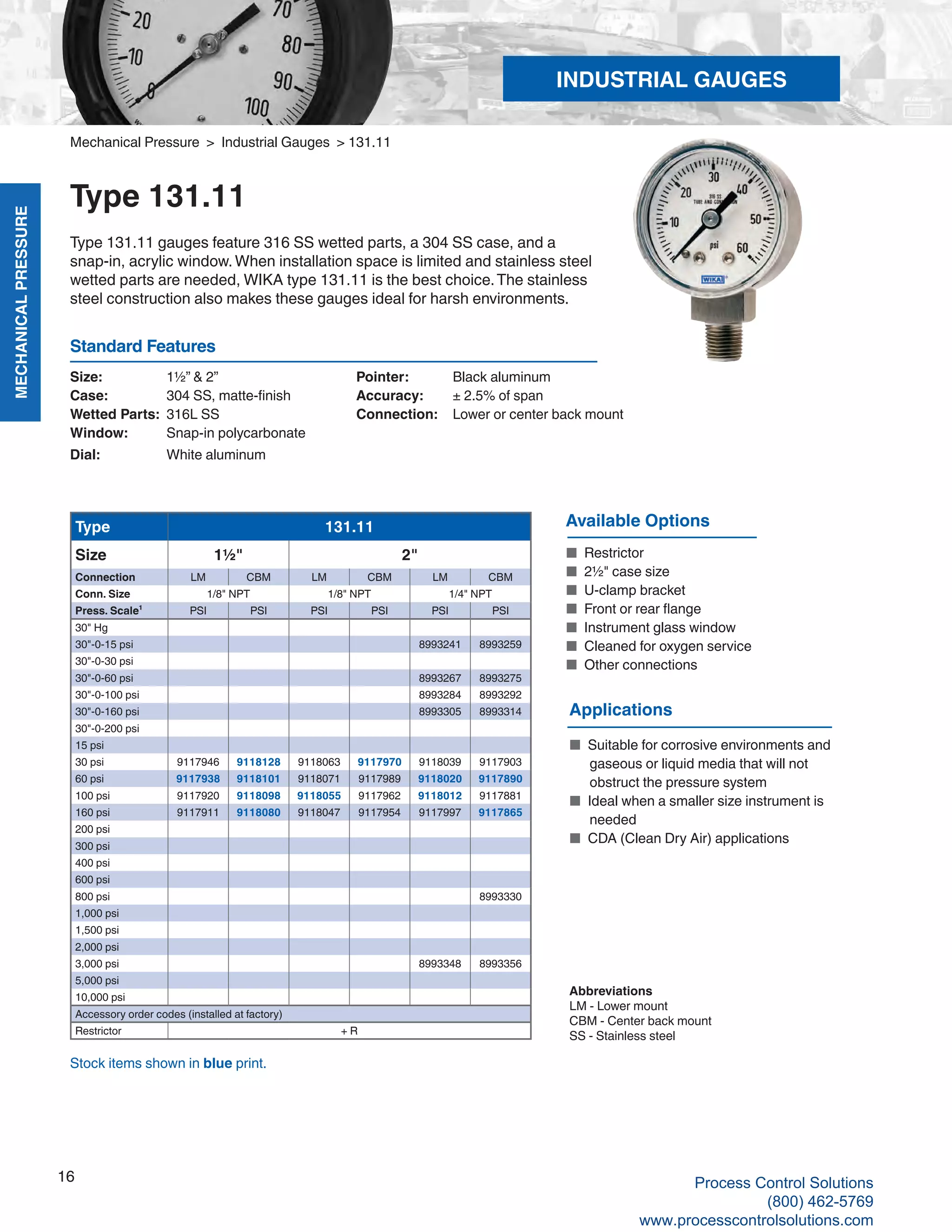 MECHANICALPRESSURE
16
R
Size: 	 1½” & 2”
Case: 	 304 SS, matte-finish
Wetted Parts: 	316L SS
Window: 	 Snap-in polycarbonate
Dial: 	 White aluminum
Pointer: 	 Black aluminum
Accuracy: 	 ± 2.5% of span
Connection:	 Lower or center back mount
Standard Features
Mechanical Pressure > Industrial Gauges > 131.11
Type 131.11
Type 131.11 gauges feature 316 SS wetted parts, a 304 SS case, and a
snap-in, acrylic window.When installation space is limited and stainless steel
wetted parts are needed, WIKA type 131.11 is the best choice.The stainless
steel construction also makes these gauges ideal for harsh environments.
Type 131.11
Size 1½" 2"
Connection LM CBM LM CBM LM CBM
Conn. Size 1/8" NPT 1/8" NPT 1/4" NPT
Press. Scale¹ PSI PSI PSI PSI PSI PSI
30" Hg
30"-0-15 psi 8993241 8993259
30"-0-30 psi
30"-0-60 psi 8993267 8993275
30"-0-100 psi 8993284 8993292
30"-0-160 psi 8993305 8993314
30"-0-200 psi
15 psi
30 psi 9117946 9118128 9118063 9117970 9118039 9117903
60 psi 9117938 9118101 9118071 9117989 9118020 9117890
100 psi 9117920 9118098 9118055 9117962 9118012 9117881
160 psi 9117911 9118080 9118047 9117954 9117997 9117865
200 psi
300 psi
400 psi
600 psi
800 psi 8993330
1,000 psi
1,500 psi
2,000 psi
3,000 psi 8993348 8993356
5,000 psi
10,000 psi
Accessory order codes (installed at factory)
Restrictor + R
Available Options
■ Restrictor
■ 2½" case size
■ U-clamp bracket
■ Front or rear flange
■ Instrument glass window
■ Cleaned for oxygen service
■ Other connections
Abbreviations
LM - Lower mount
CBM - Center back mount
SS - Stainless steel
Stock items shown in blue print.
Applications
■ Suitable for corrosive environments and		
gaseous or liquid media that will not		
obstruct the pressure system
■ Ideal when a smaller size instrument is		
needed
■ CDA (Clean Dry Air) applications
INDUSTRIAL GAUGES
Process Control Solutions
(800) 462-5769
www.processcontrolsolutions.com
 