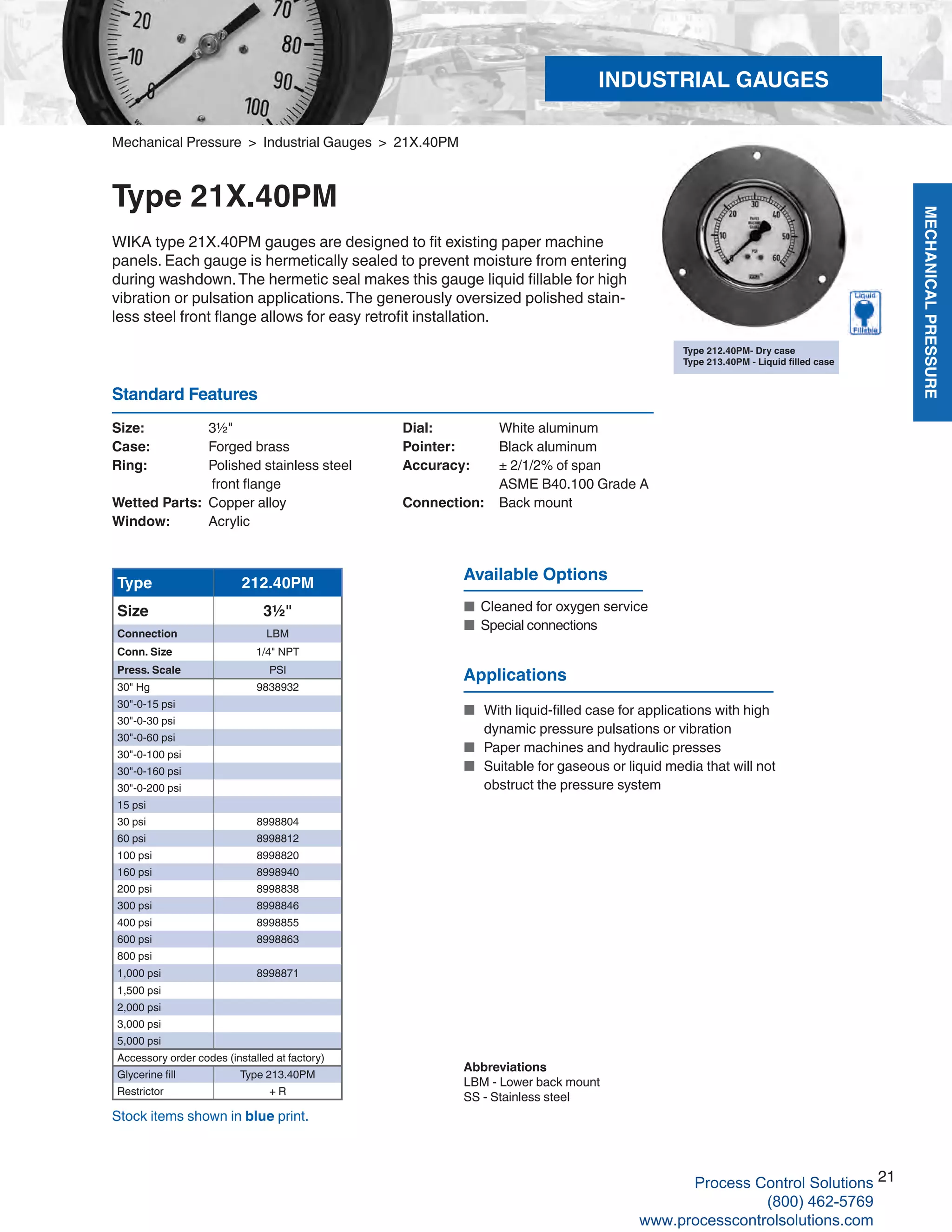 MECHANICALPRESSURE
21
R
Mechanical Pressure > Industrial Gauges > 21X.40PM
Type 21X.40PM
WIKA type 21X.40PM gauges are designed to fit existing paper machine
panels. Each gauge is hermetically sealed to prevent moisture from entering
during washdown.The hermetic seal makes this gauge liquid fillable for high
vibration or pulsation applications.The generously oversized polished stain-
less steel front flange allows for easy retrofit installation.
Type 212.40PM- Dry case
Type 213.40PM - Liquid filled case
Type 212.40PM
Size 3½"
Connection LBM
Conn. Size 1/4" NPT
Press. Scale PSI
30" Hg 9838932
30"-0-15 psi
30"-0-30 psi
30"-0-60 psi
30"-0-100 psi
30"-0-160 psi
30"-0-200 psi
15 psi
30 psi 8998804
60 psi 8998812
100 psi 8998820
160 psi 8998940
200 psi 8998838
300 psi 8998846
400 psi 8998855
600 psi 8998863
800 psi
1,000 psi 8998871
1,500 psi
2,000 psi
3,000 psi
5,000 psi
Accessory order codes (installed at factory)
Glycerine fill Type 213.40PM
Restrictor + R
Available Options
■	Cleaned for oxygen service
■	Special connections
Size: 	 3½"
Case: 	 Forged brass
Ring:	 Polished stainless steel
front flange
Wetted Parts: 	Copper alloy
Window: 	 Acrylic
Dial: 	 White aluminum
Pointer: 	 Black aluminum
Accuracy: 	 ± 2/1/2% of span
	 ASME B40.100 Grade A
Connection:	 Back mount
Standard Features
Abbreviations
LBM - Lower back mount
SS - Stainless steel
Stock items shown in blue print.
Applications
■ 	With liquid-filled case for applications with high 	
	 dynamic pressure pulsations or vibration
■	 Paper machines and hydraulic presses
■ 	Suitable for gaseous or liquid media that will not 	
	 obstruct the pressure system
INDUSTRIAL GAUGES
Process Control Solutions
(800) 462-5769
www.processcontrolsolutions.com
 